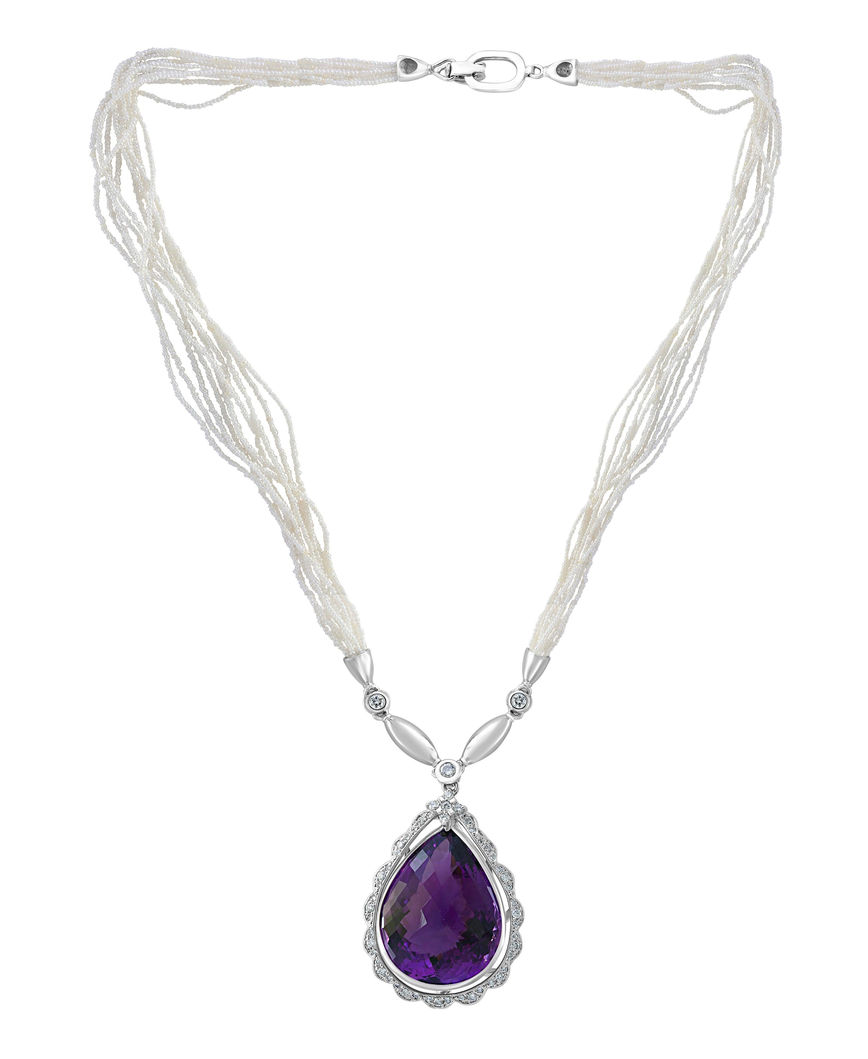 Pear Cut 54 Carat Tear Drop Amethyst and Diamonds with Seed Pearl Necklace 18 Karat Gold For Sale