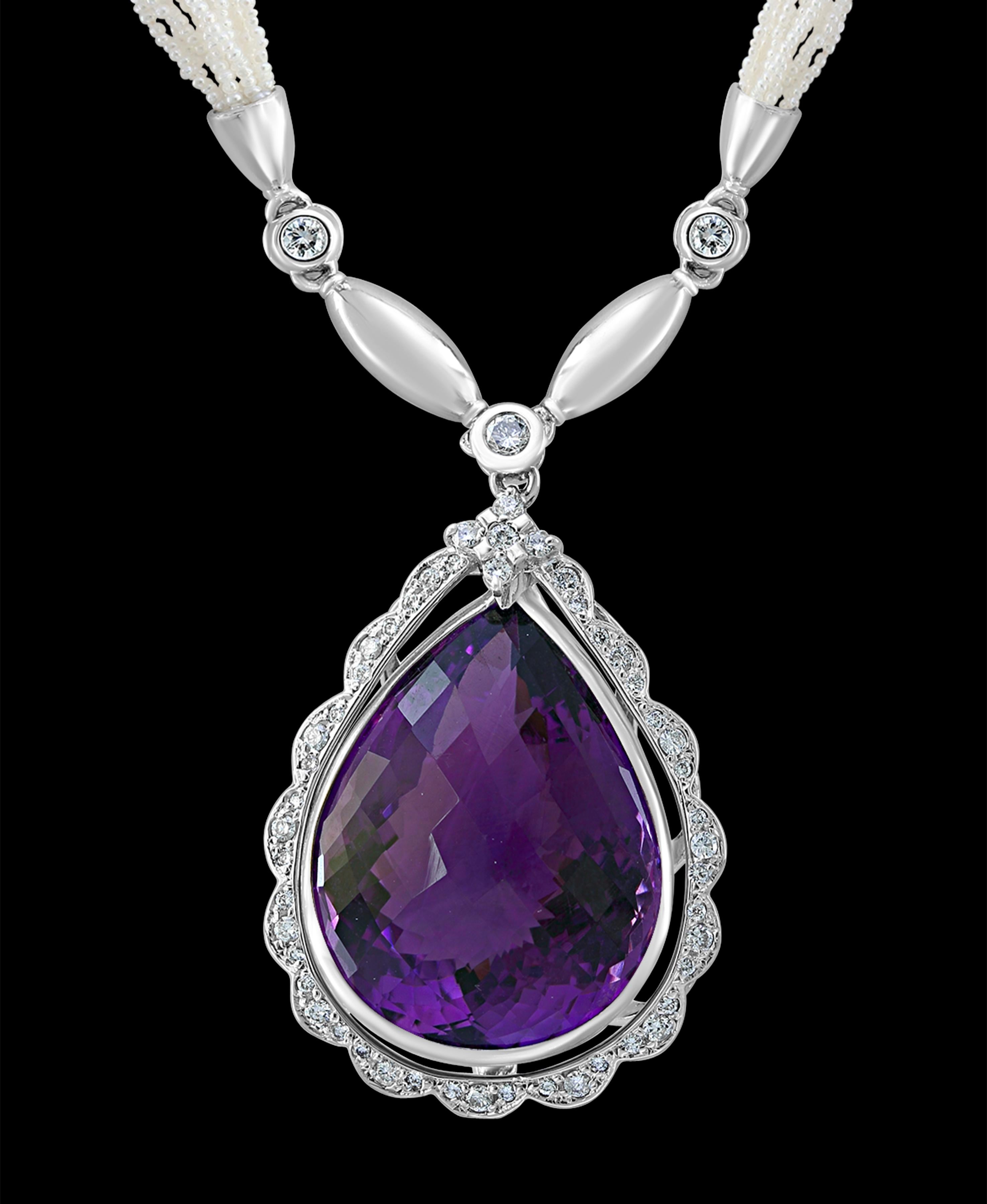 54 Carat Tear Drop Amethyst and Diamonds with Seed Pearl Necklace 18 Karat Gold In Excellent Condition For Sale In New York, NY
