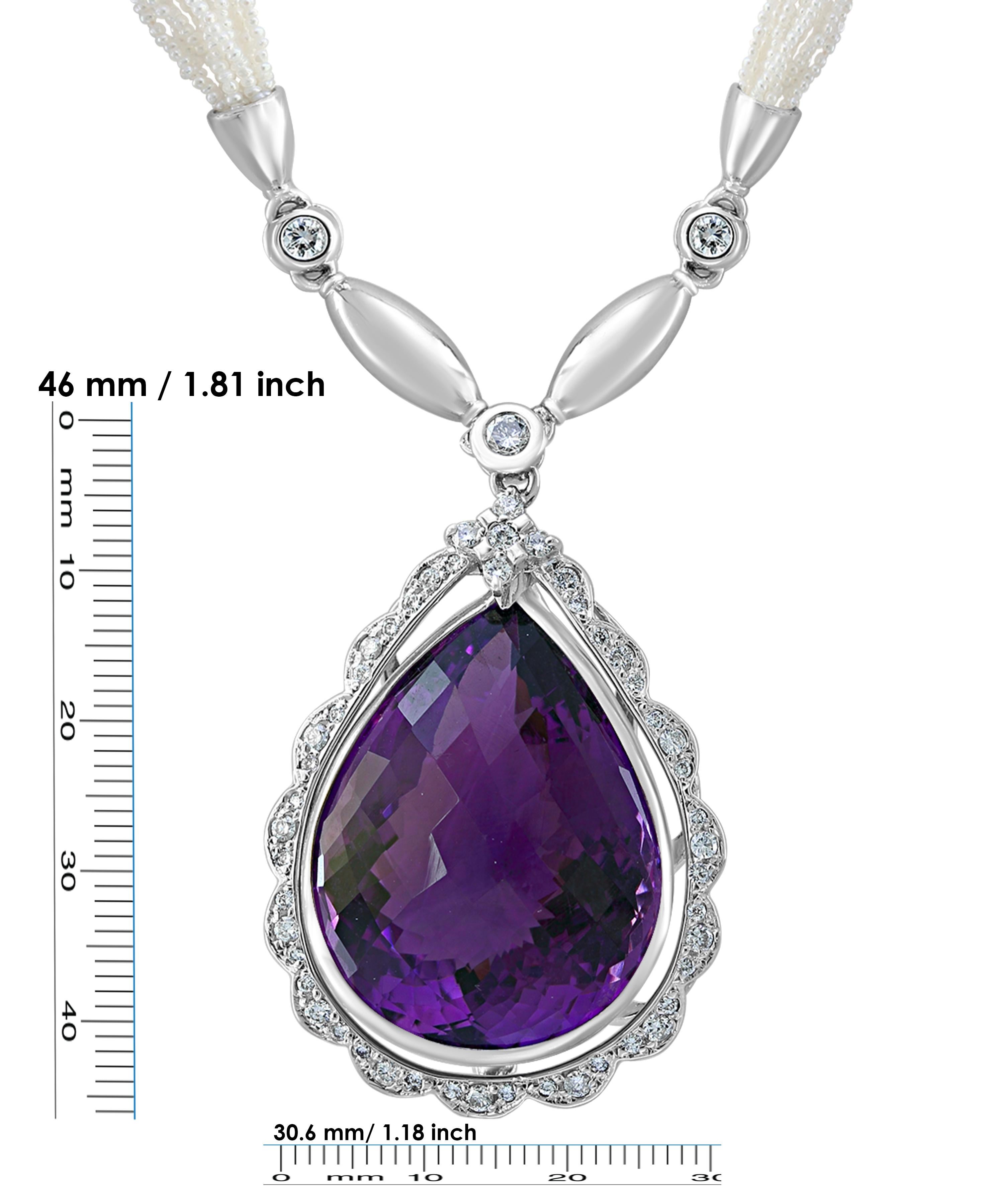 Women's 54 Carat Tear Drop Amethyst and Diamonds with Seed Pearl Necklace 18 Karat Gold For Sale