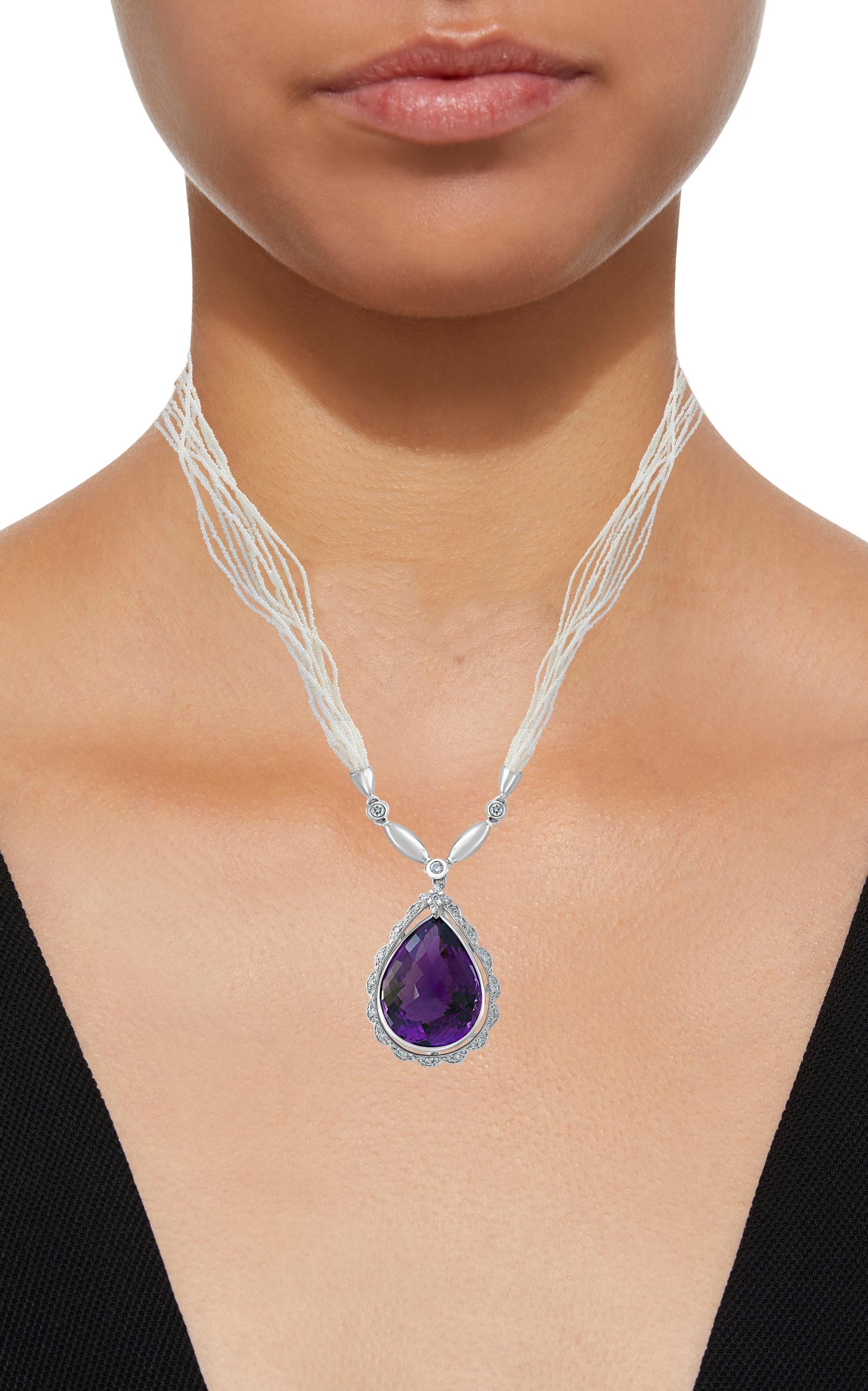 54 Carat Tear Drop Amethyst and Diamonds with Seed Pearl Necklace 18 Karat Gold For Sale 1