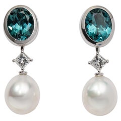5.4 Carat Tourmaline 'Indicolite' Diamond Pearl Detachable Earrings