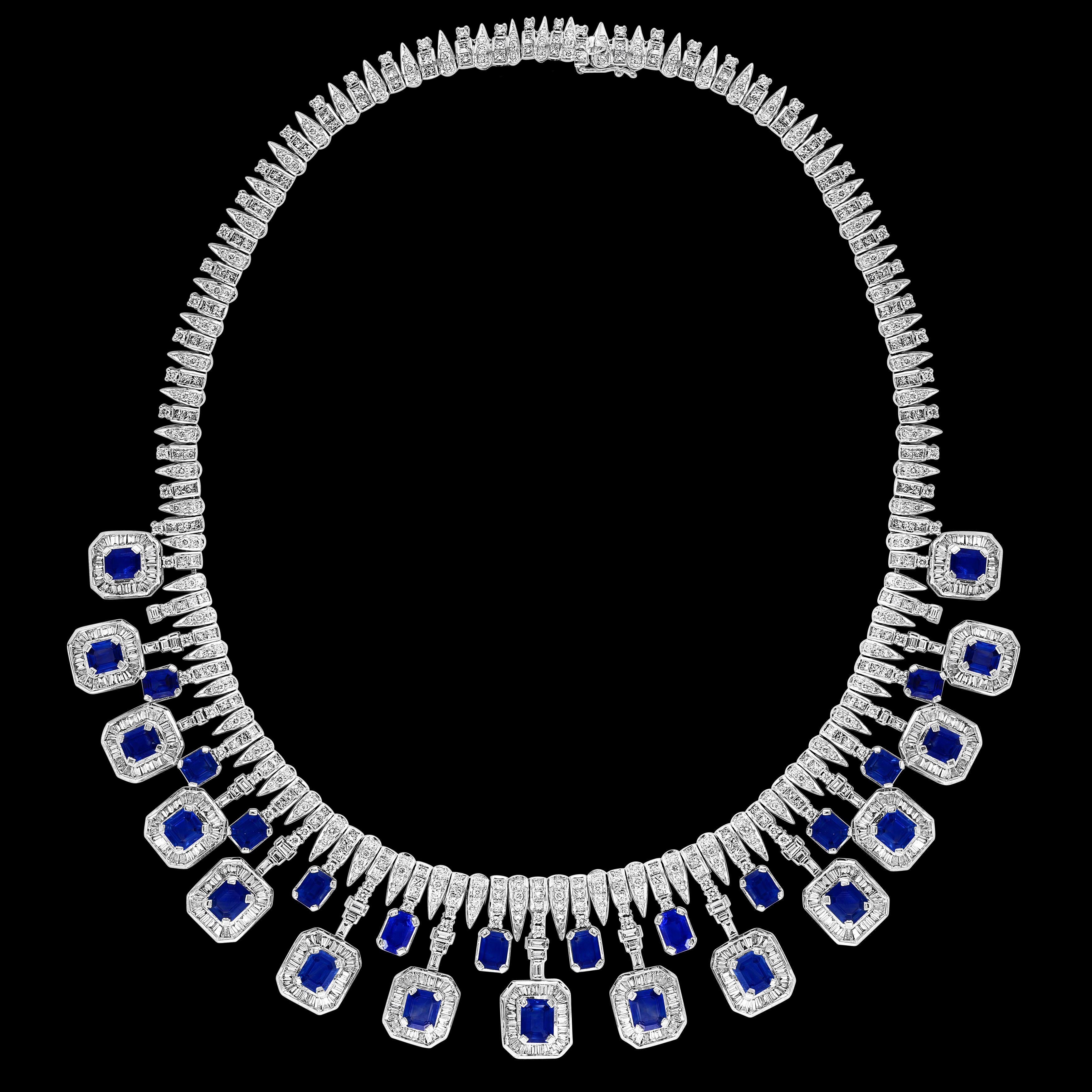 GIA Certified 54 Ct Emerald cut Blue Sapphire & 22 Ct Diamond Necklace in 18 Karat White Gold
This bridal Necklace  made out of 18 Karat gold .Necklace consisting of 27 emerald cut Blue sapphires , each surrounded by baguettes diamonds   Total