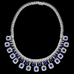 GIA Certified 54 Ct Emerald Cut Blue Sapphire & 22 Ct Diamond Necklace 18 K Gold