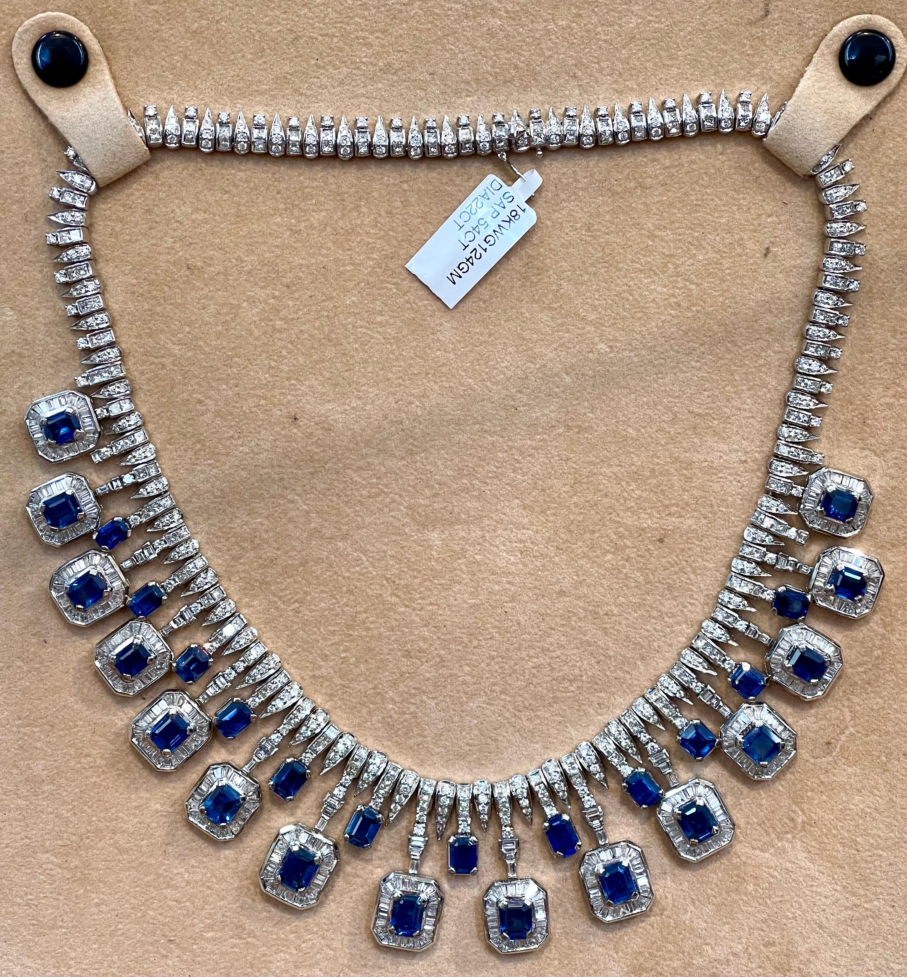 GIA Certified 54 Ct Emerald Cut Blue Sapphire & 22 Ct Diamond Necklace 18 K Gold In Excellent Condition In New York, NY