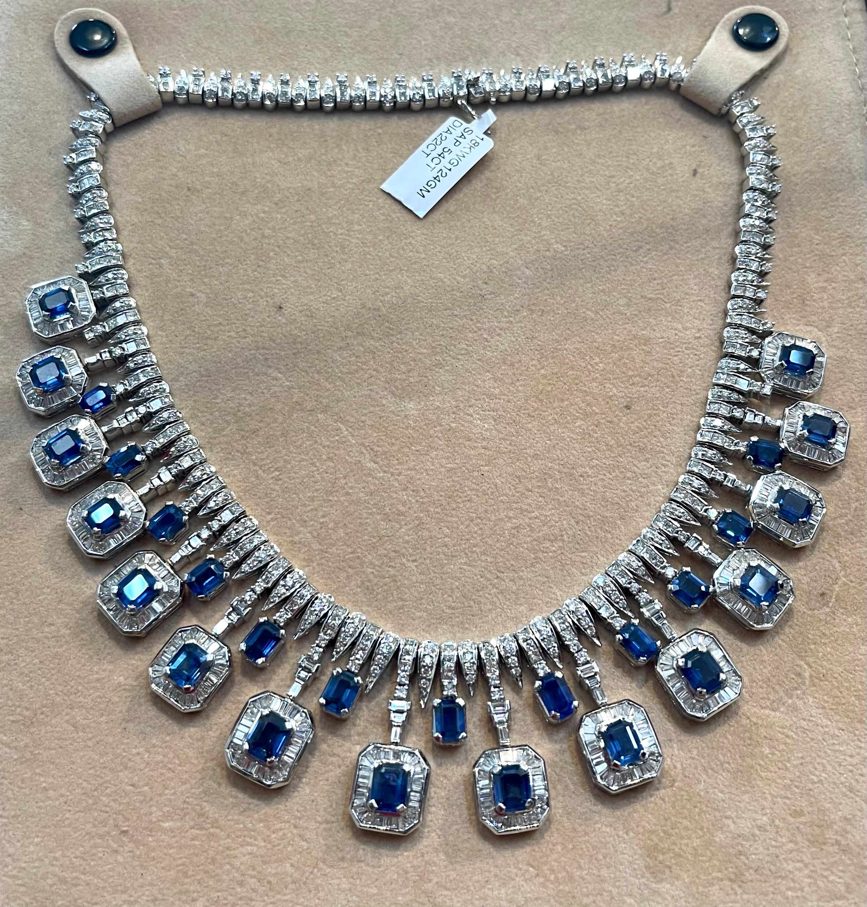 Women's GIA Certified 54 Ct Emerald Cut Blue Sapphire & 22 Ct Diamond Necklace 18 K Gold