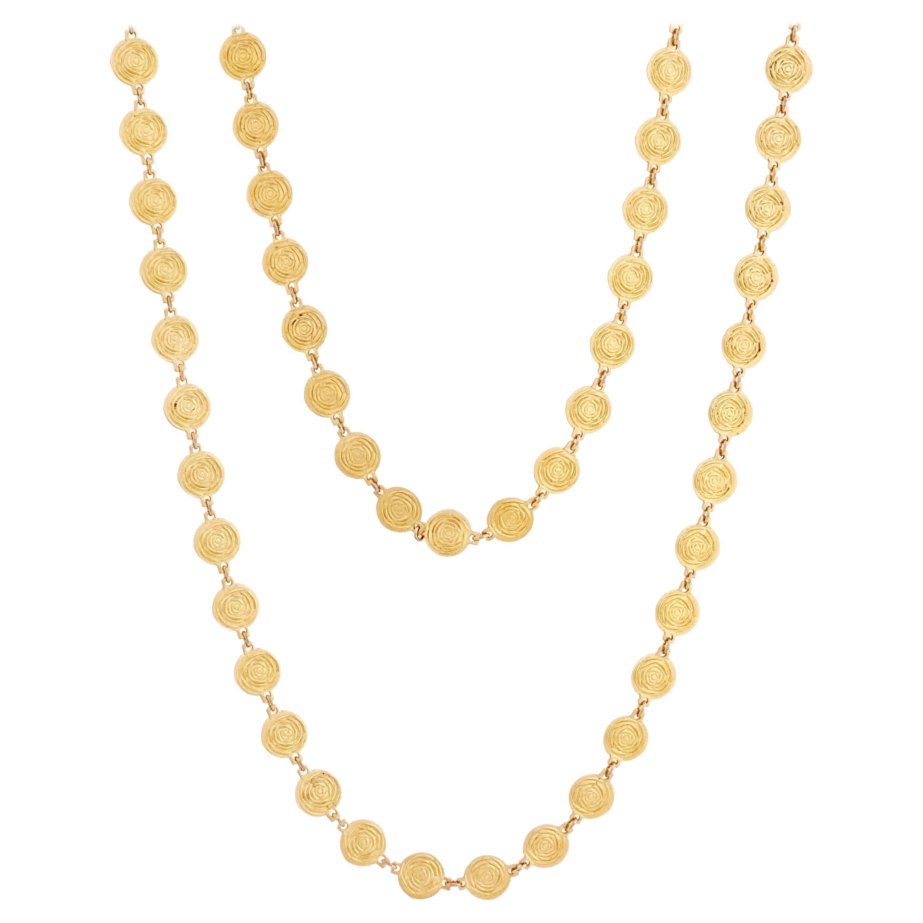 54" Gold Swirl Disc Chain Necklace By Crown Trifari, 1960s