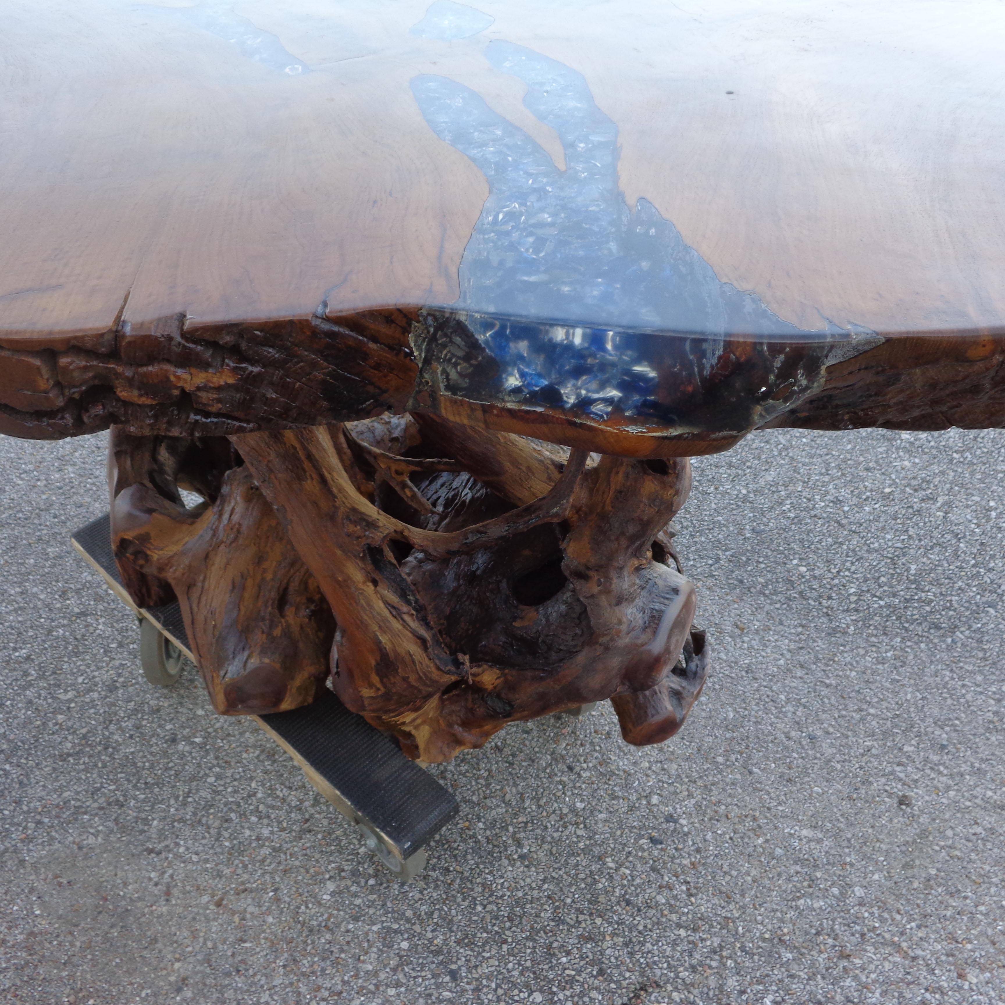 Wood Live Edge Glass Inlaid Dining Console Table For Sale