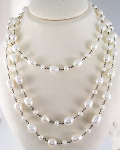Long Sterling Silver Pearl Chain with Diamond Clasp