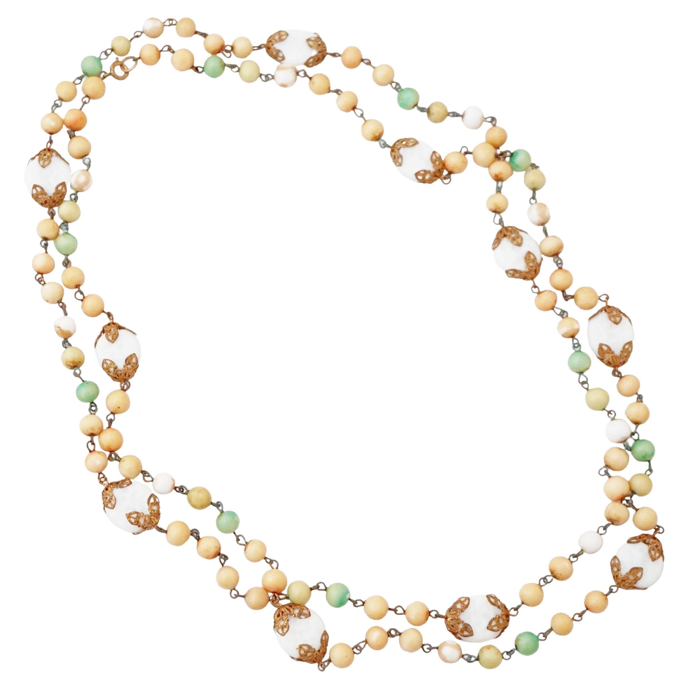54" Peach and Sage Green Czech Bead Necklace, 1950s For Sale