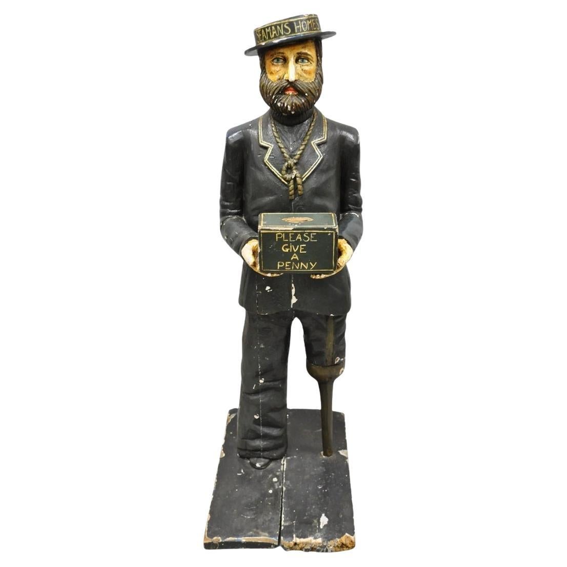 54" Tall Maritime Nautical Wood Peg Leg Seaman Bank Figure "Please Give a Penny" en vente