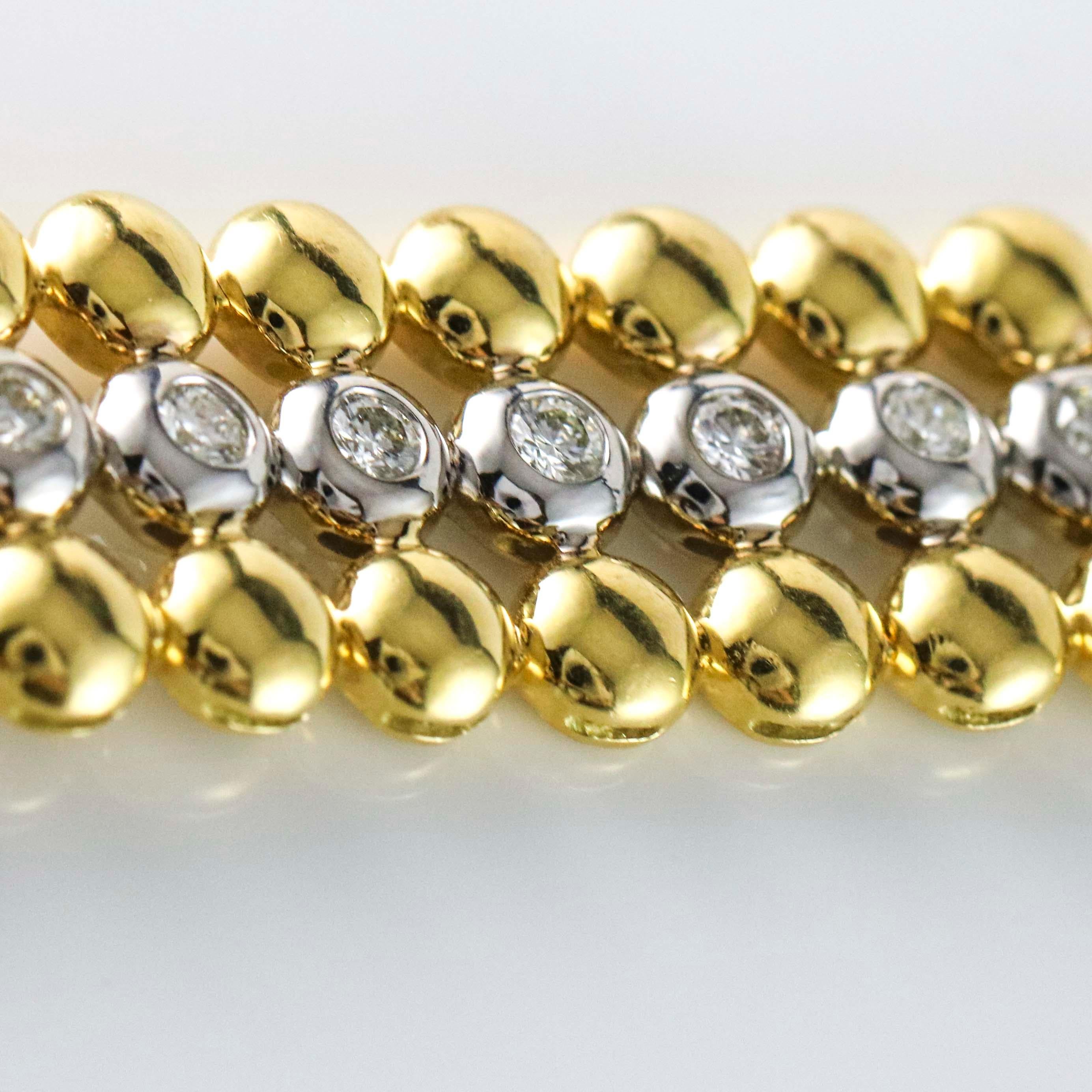 Round Cut 5.40 Carat 18 Karat White and Yellow Gold Diamond In-Line Bracelet For Sale
