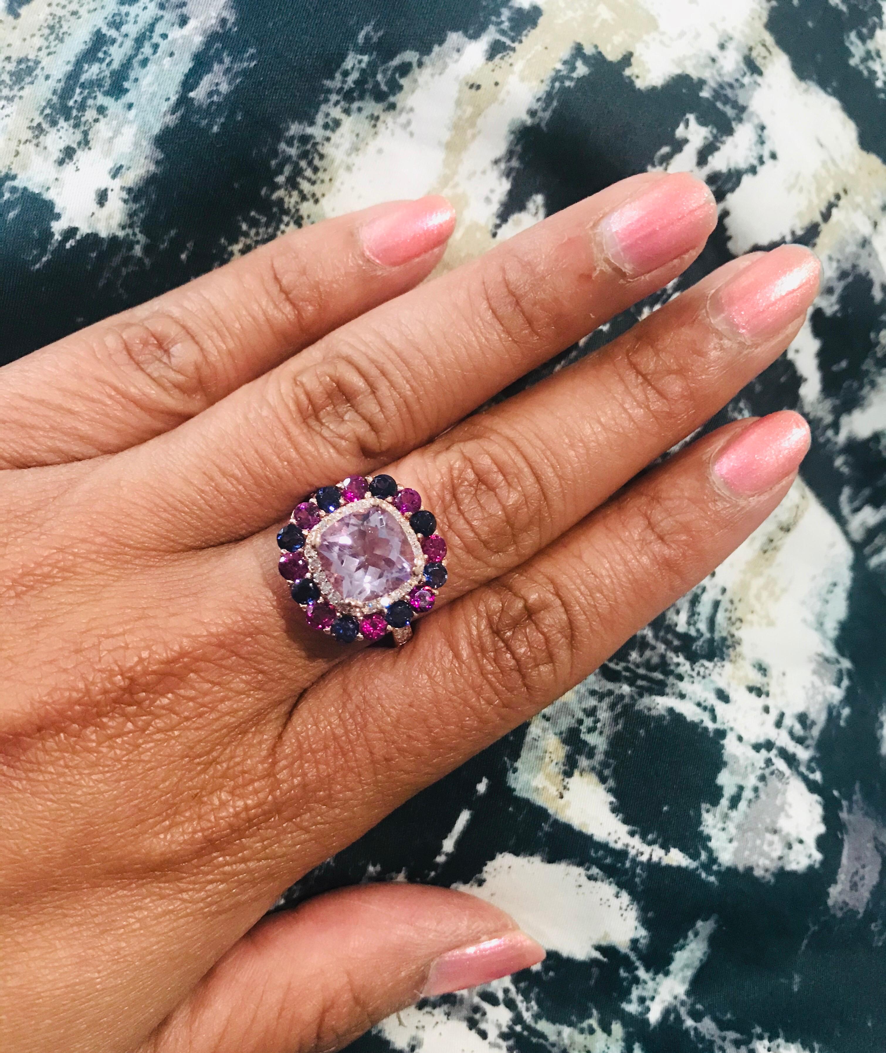 5.40 Carat Cushion Cut Amethyst Garnet Diamond 14 Karat Rose Gold Cocktail Ring 2