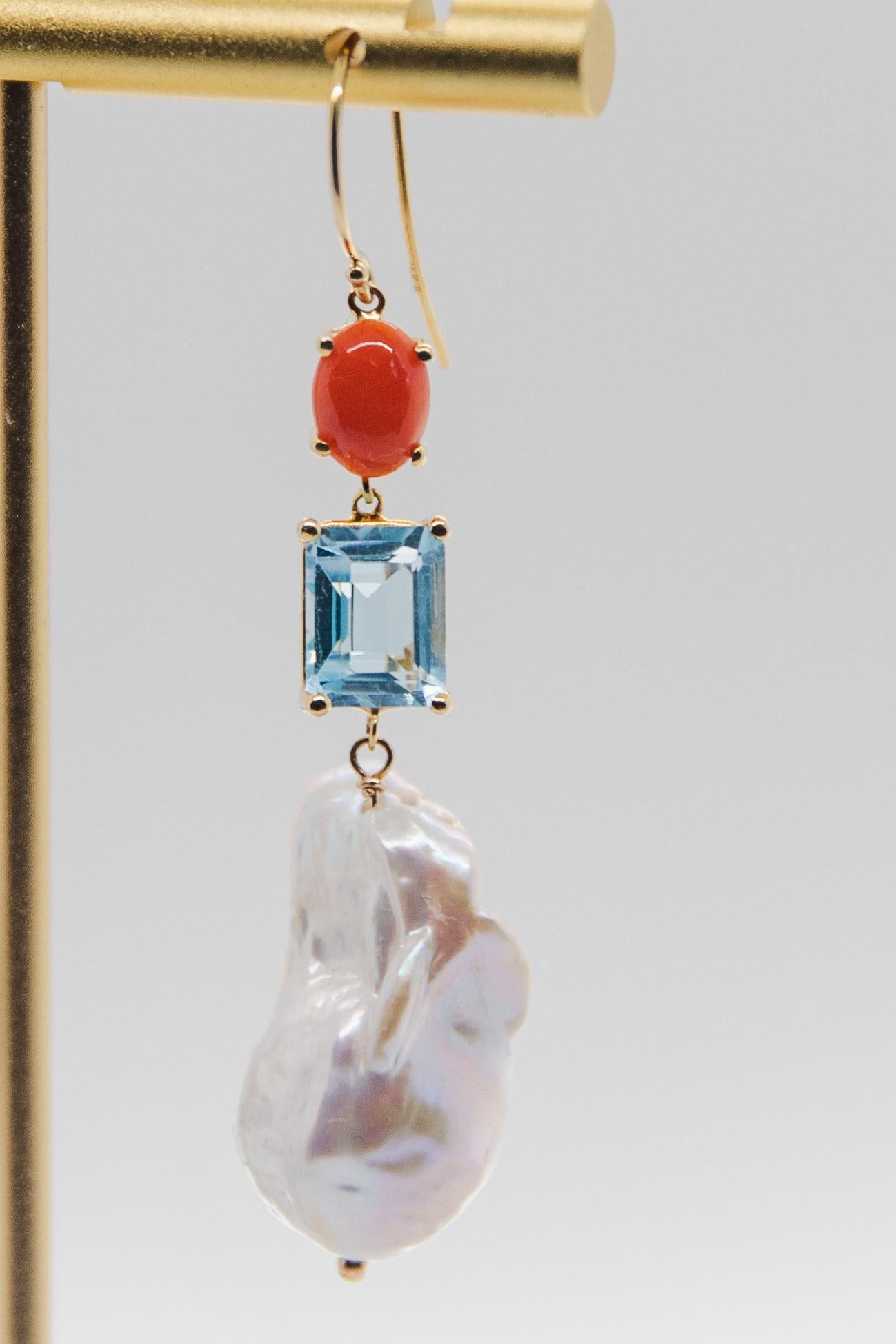 Boucles d'oreilles en goutte en corail, tourmaline bleue de 5,40 carats et perle baroque en vente 5
