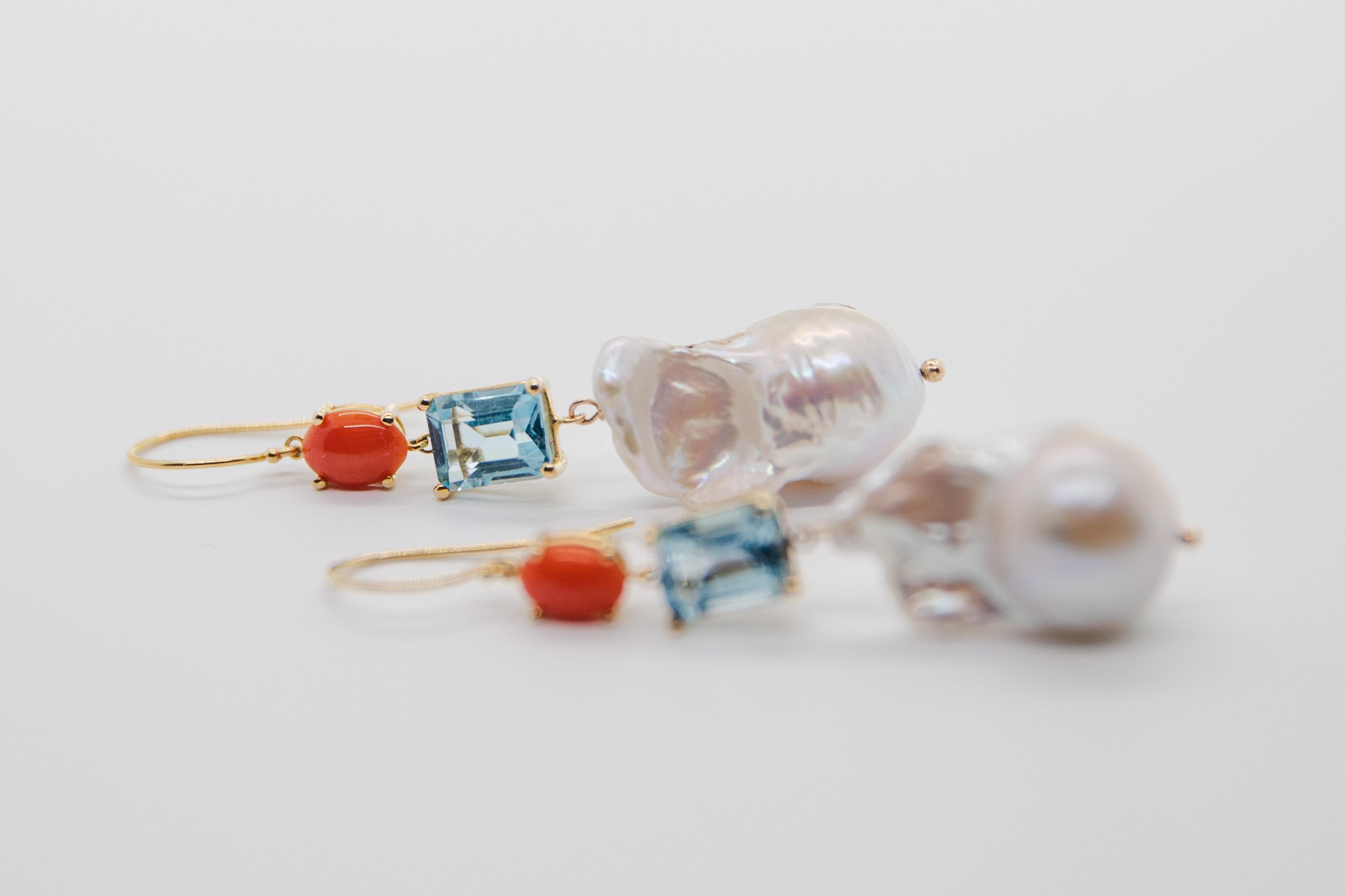 Boucles d'oreilles en goutte en corail, tourmaline bleue de 5,40 carats et perle baroque en vente 6