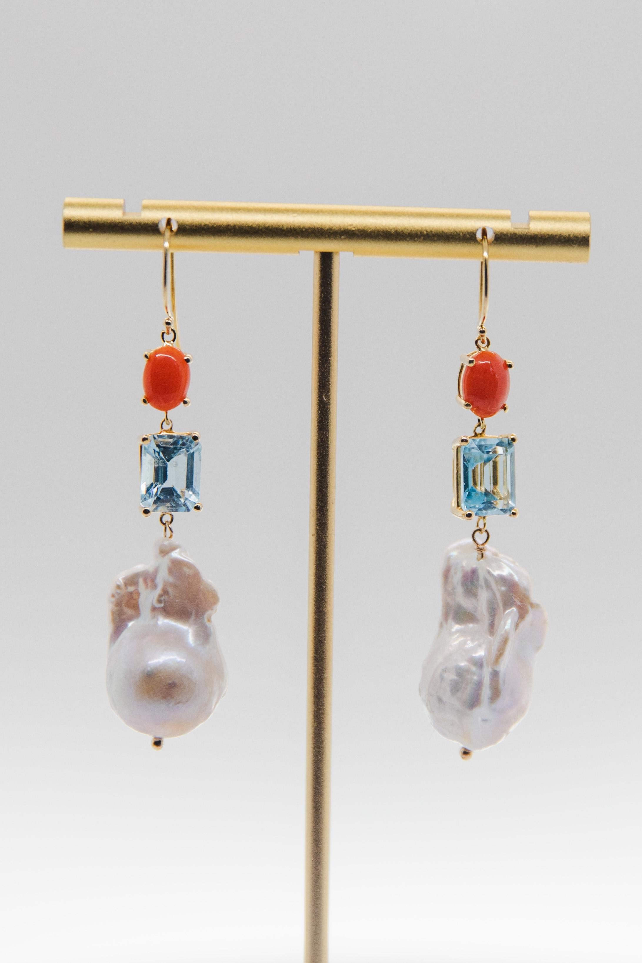 Boucles d'oreilles en goutte en corail, tourmaline bleue de 5,40 carats et perle baroque en vente 8
