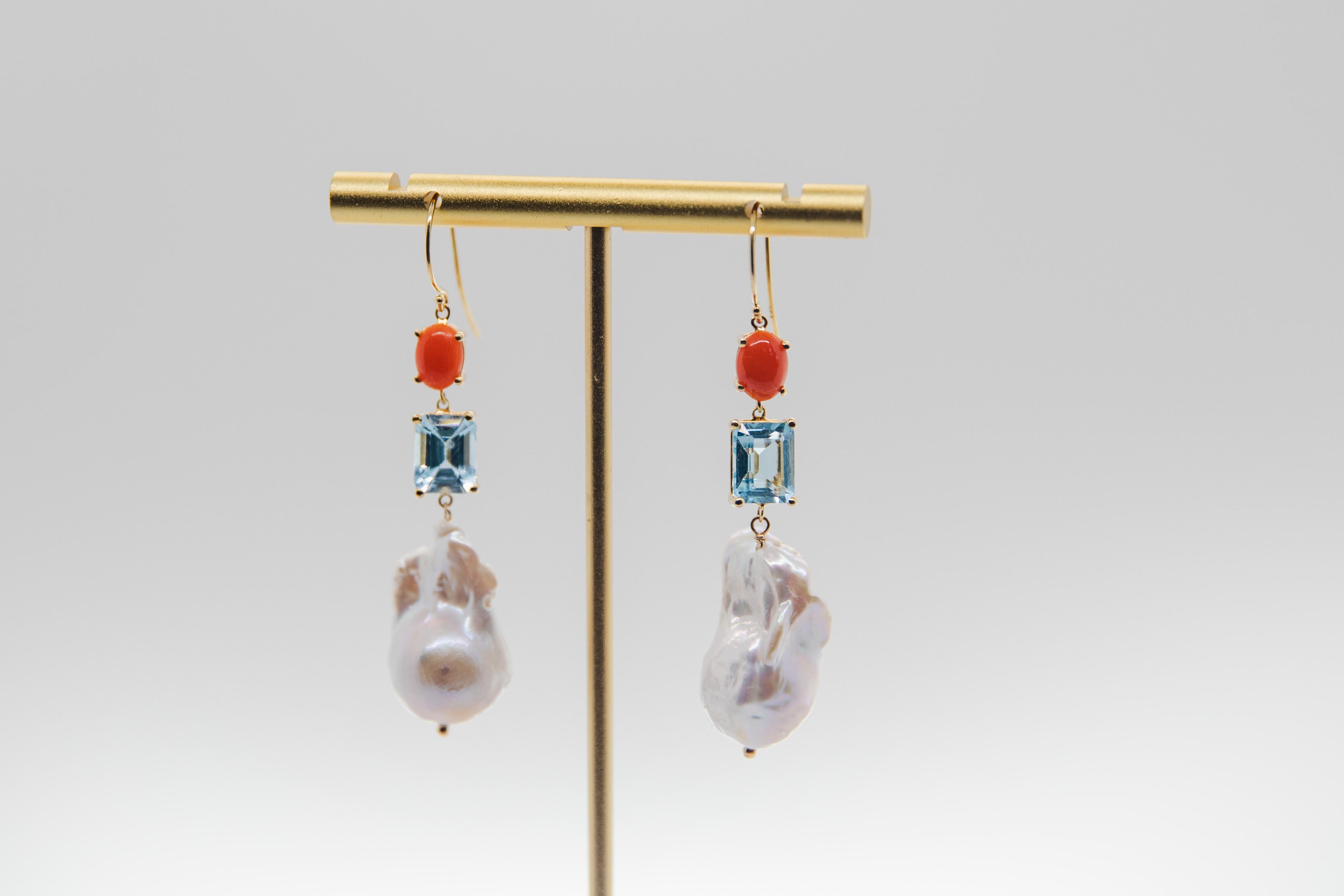 Boucles d'oreilles en goutte en corail, tourmaline bleue de 5,40 carats et perle baroque en vente 9