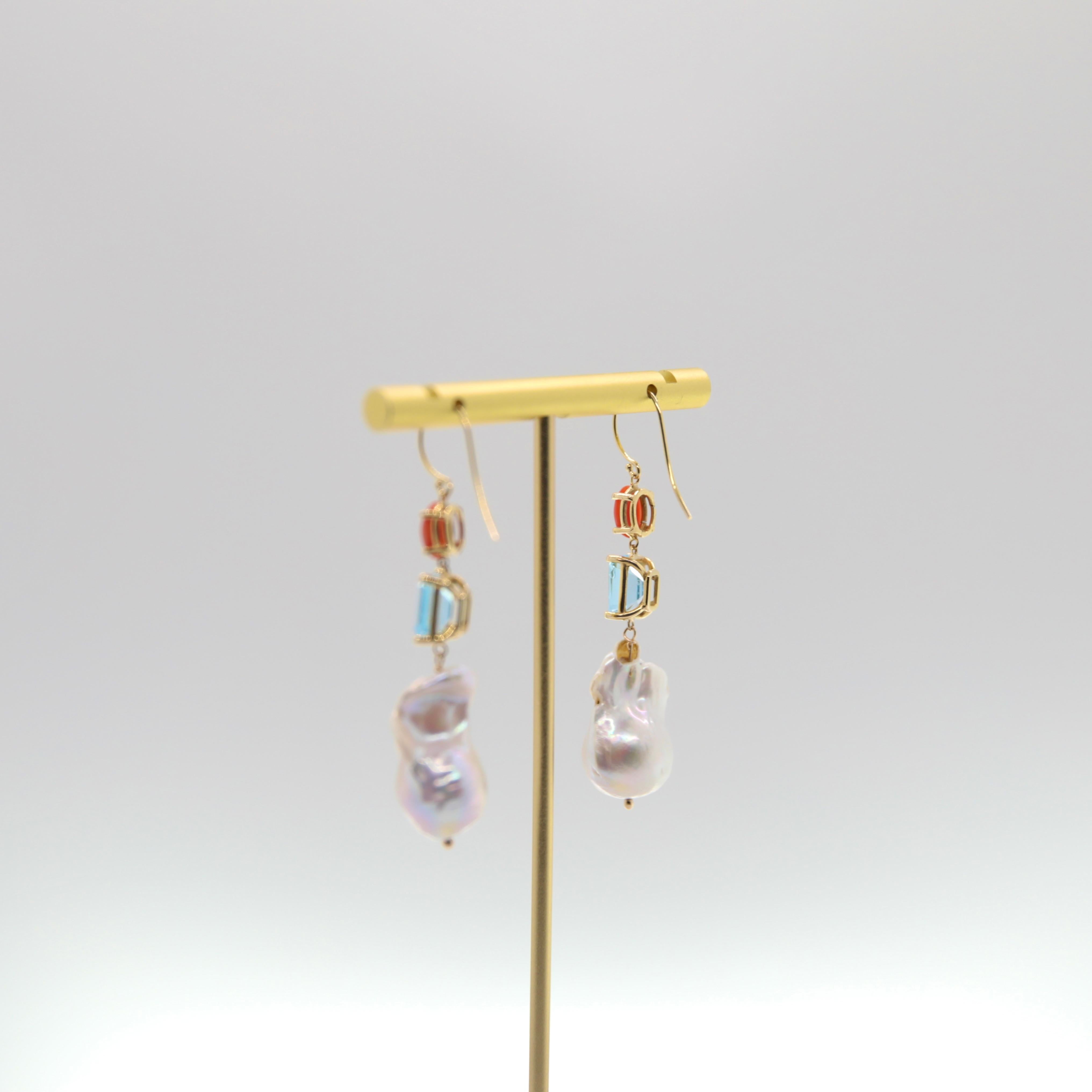 Mouvement esthétique Boucles d'oreilles en goutte en corail, tourmaline bleue de 5,40 carats et perle baroque en vente