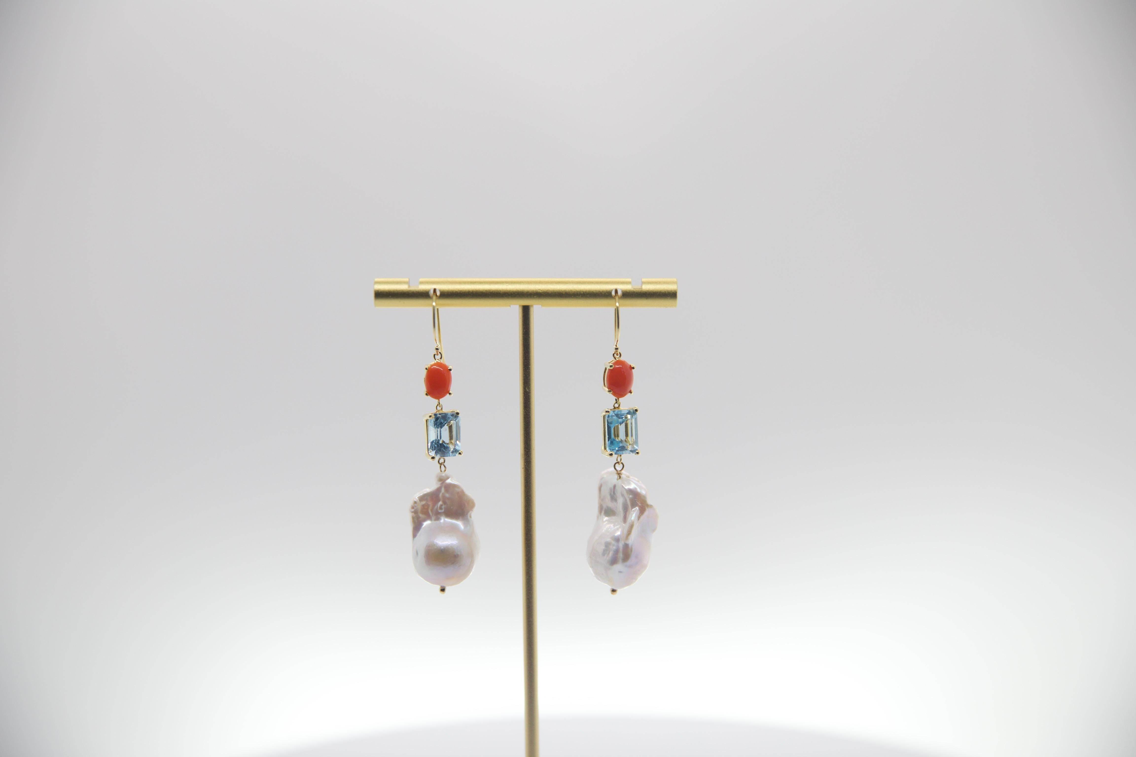 5.40 Carat Blue Tourmaline Coral Drop Earring with Baroque Pearl In Excellent Condition For Sale In New York, NY