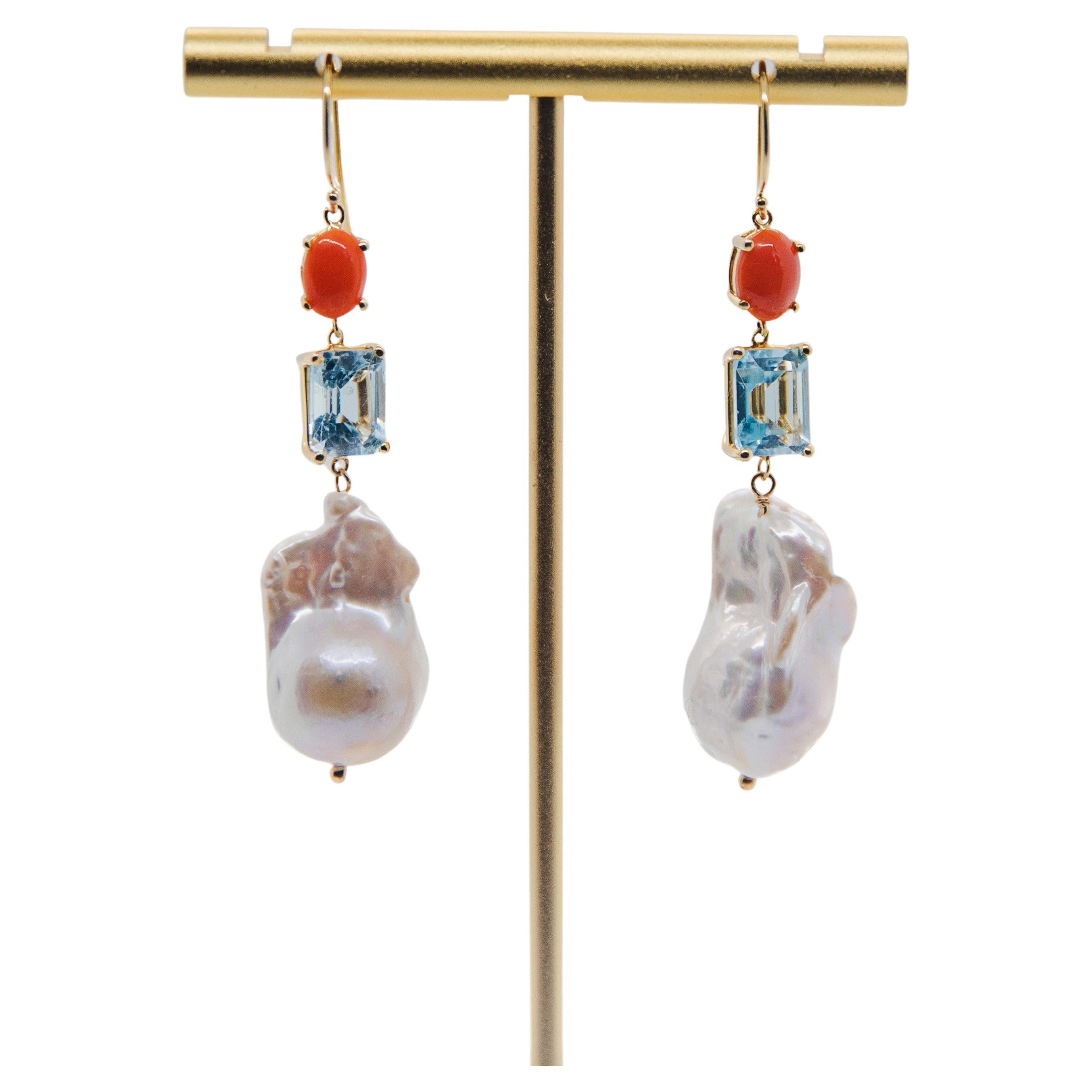 Boucles d'oreilles en goutte en corail, tourmaline bleue de 5,40 carats et perle baroque en vente