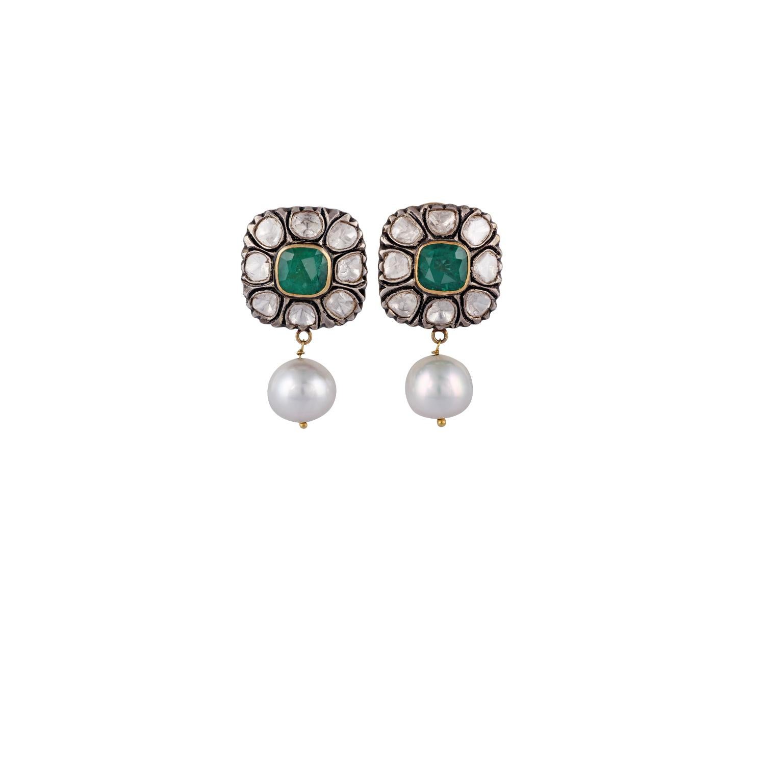 Art Deco 5.40 Carat Emerald Pearl Diamond Earring in Victorian Style