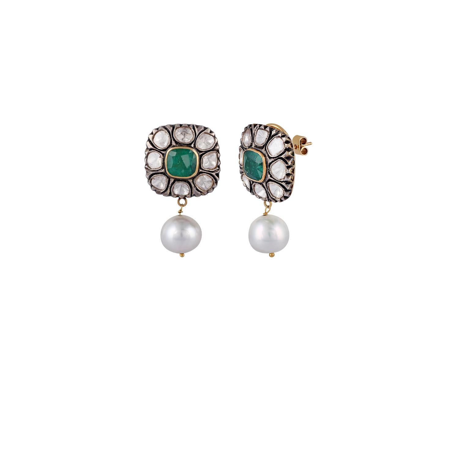Cushion Cut 5.40 Carat Emerald Pearl Diamond Earring in Victorian Style