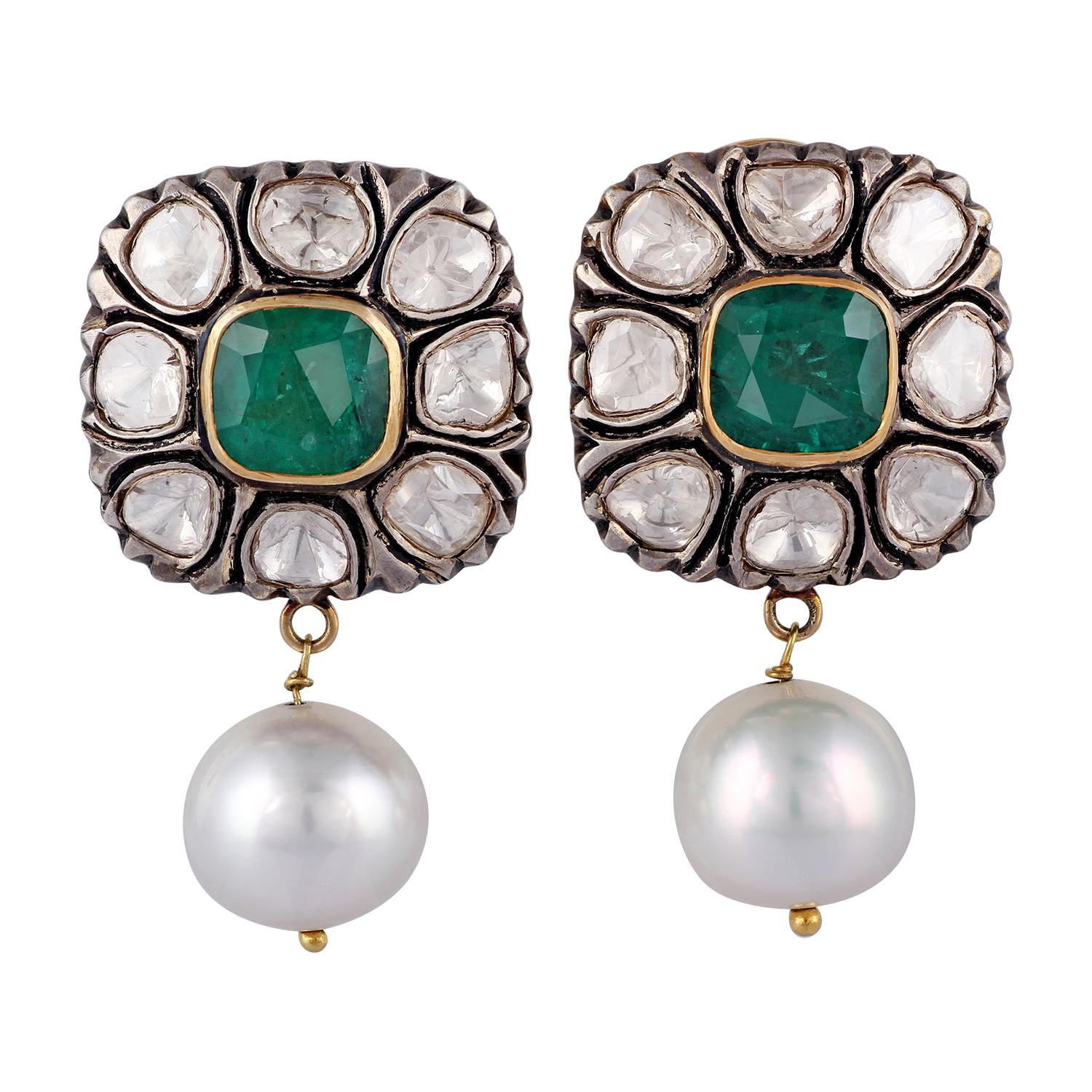 5.40 Carat Emerald Pearl Diamond Earring in Victorian Style