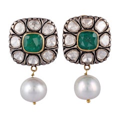 5.40 Carat Emerald Pearl Diamond Earring in Victorian Style 5.40 Carat Emerald Pearl Diamond Earring in Victorian Style