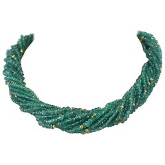 Vintage 540 Carat Genuine and Natural Emerald Faceted with Gold Beads Choker Necklace