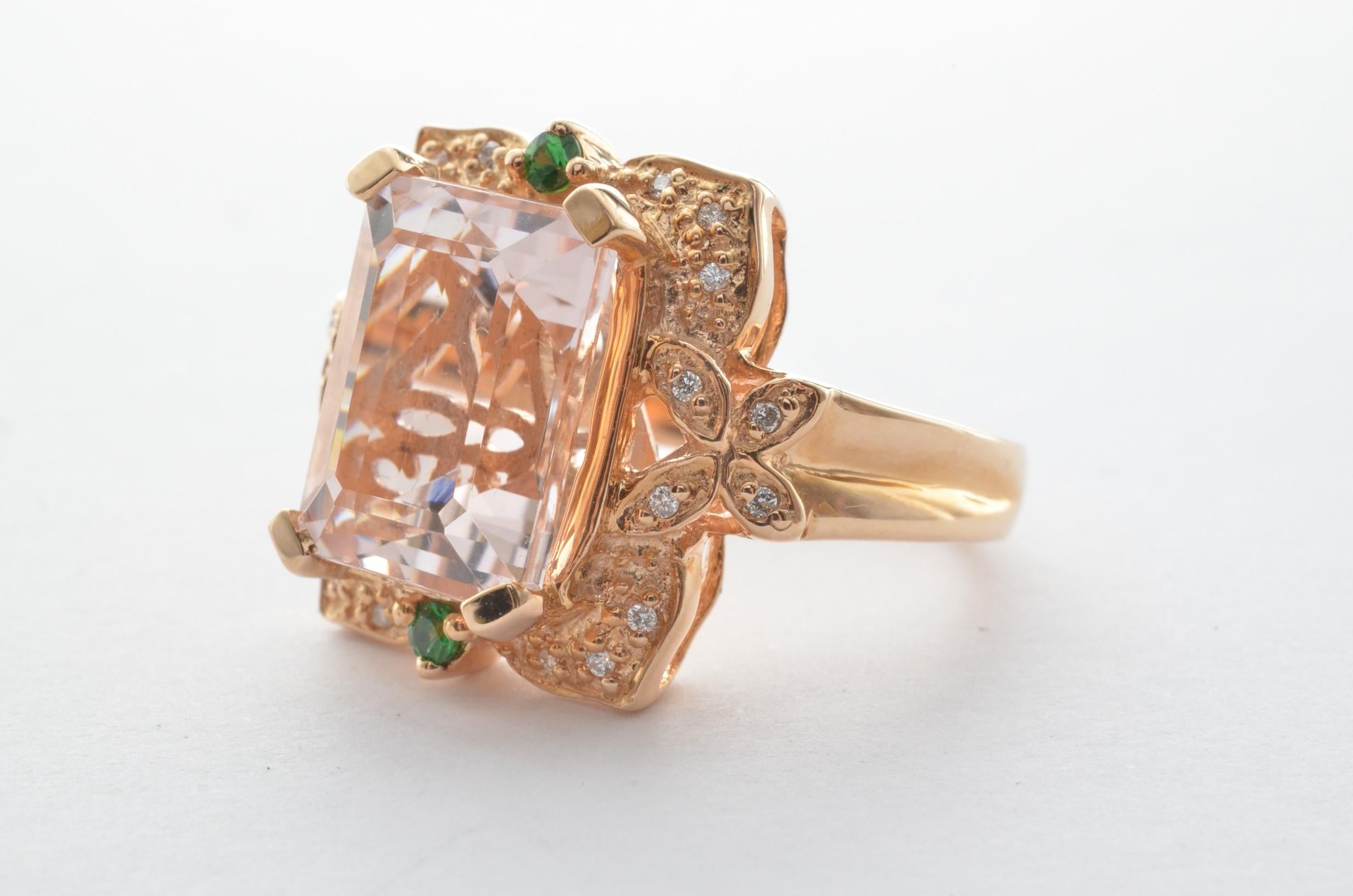 Octagon Cut 5.40 Carat Morganite, Tsavorite and Diamond Ring in 14 Karat Rose Gold For Sale