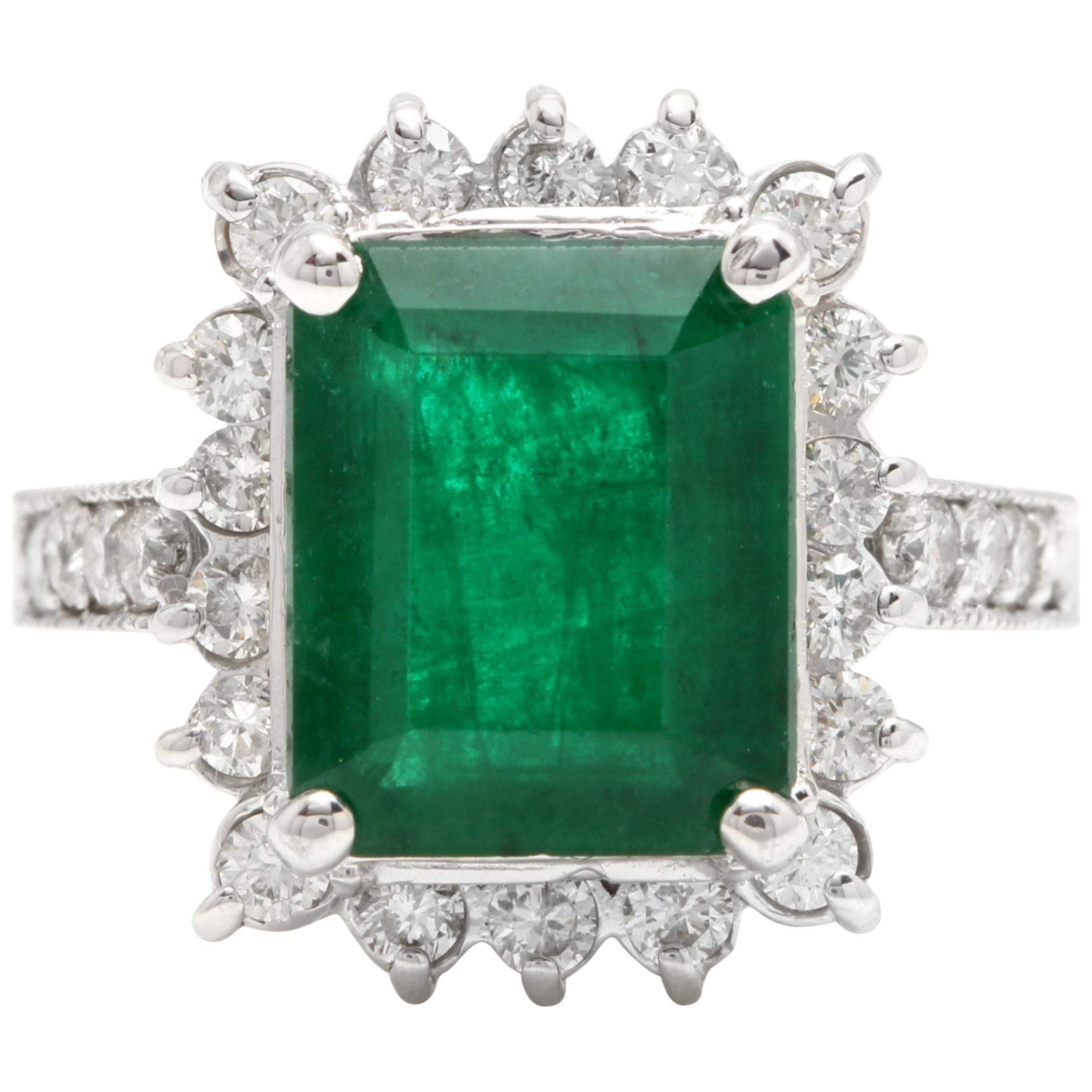5.40 Carat Natural Emerald and Diamond 14 Karat Solid White Gold Ring For Sale
