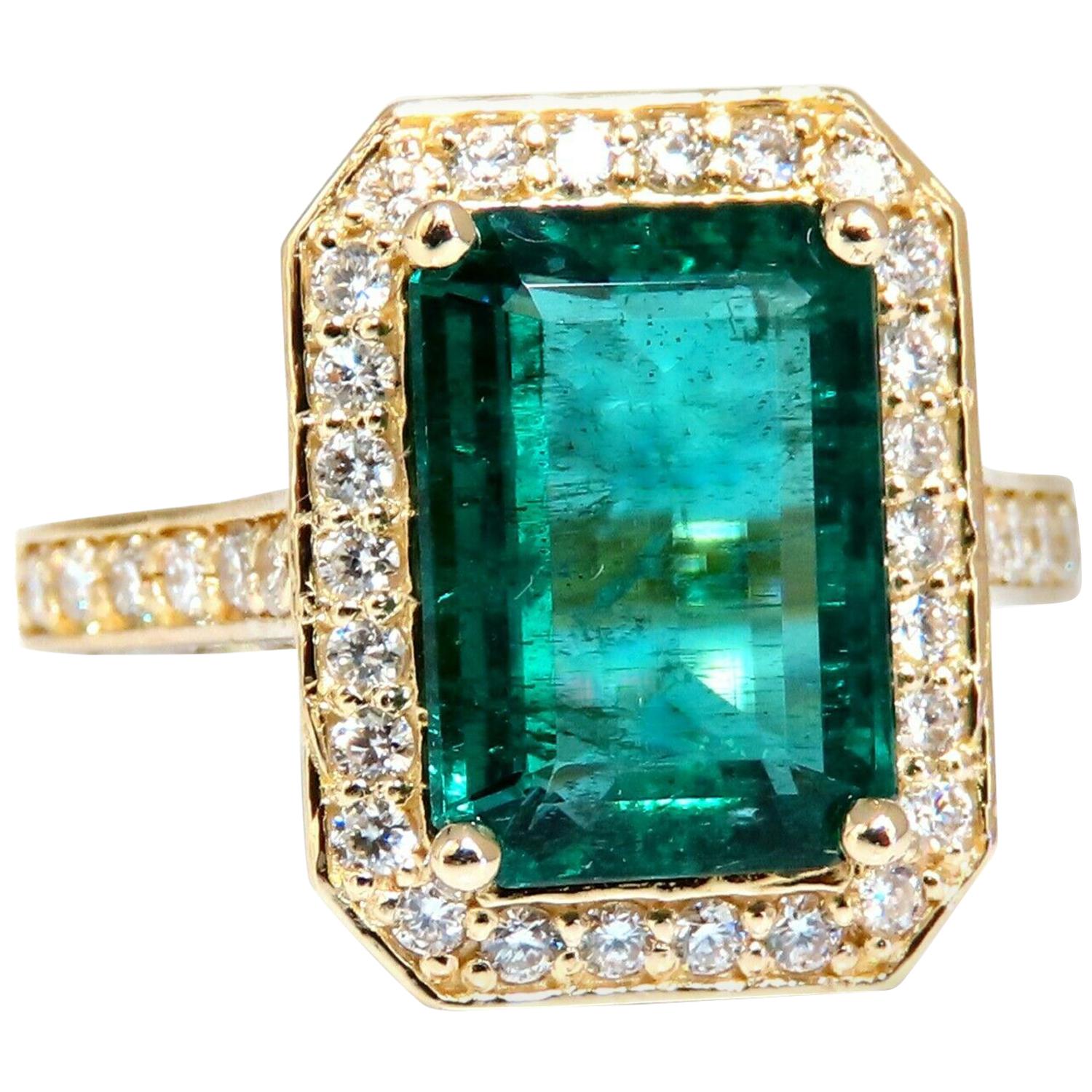 5.40 Carat Natural Vivid Green Emerald Diamonds Gilt Deco Ring 14 Karat For Sale