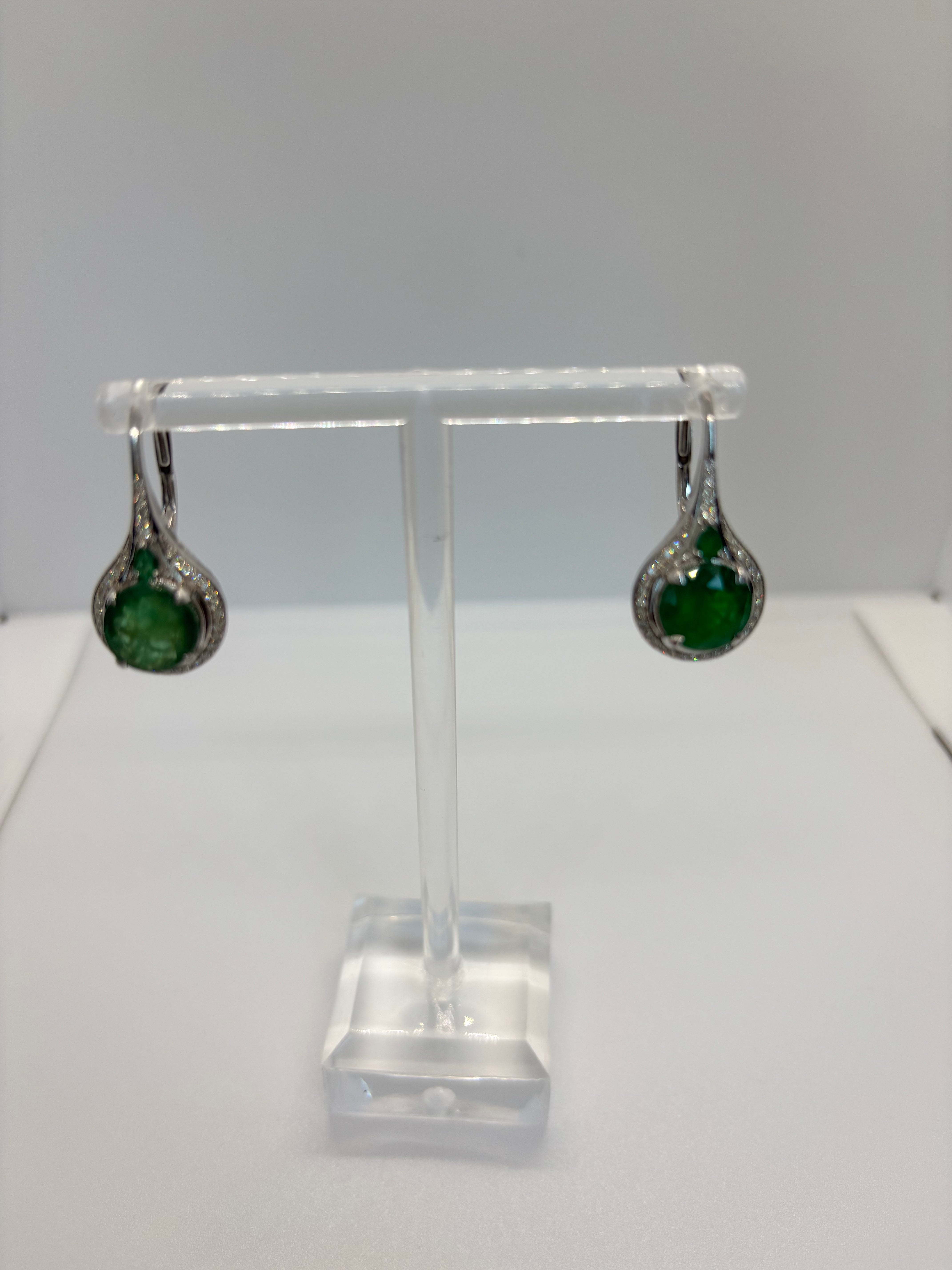 5.40 Carats Natural Emerald and Diamond Oblate Earrings For Sale