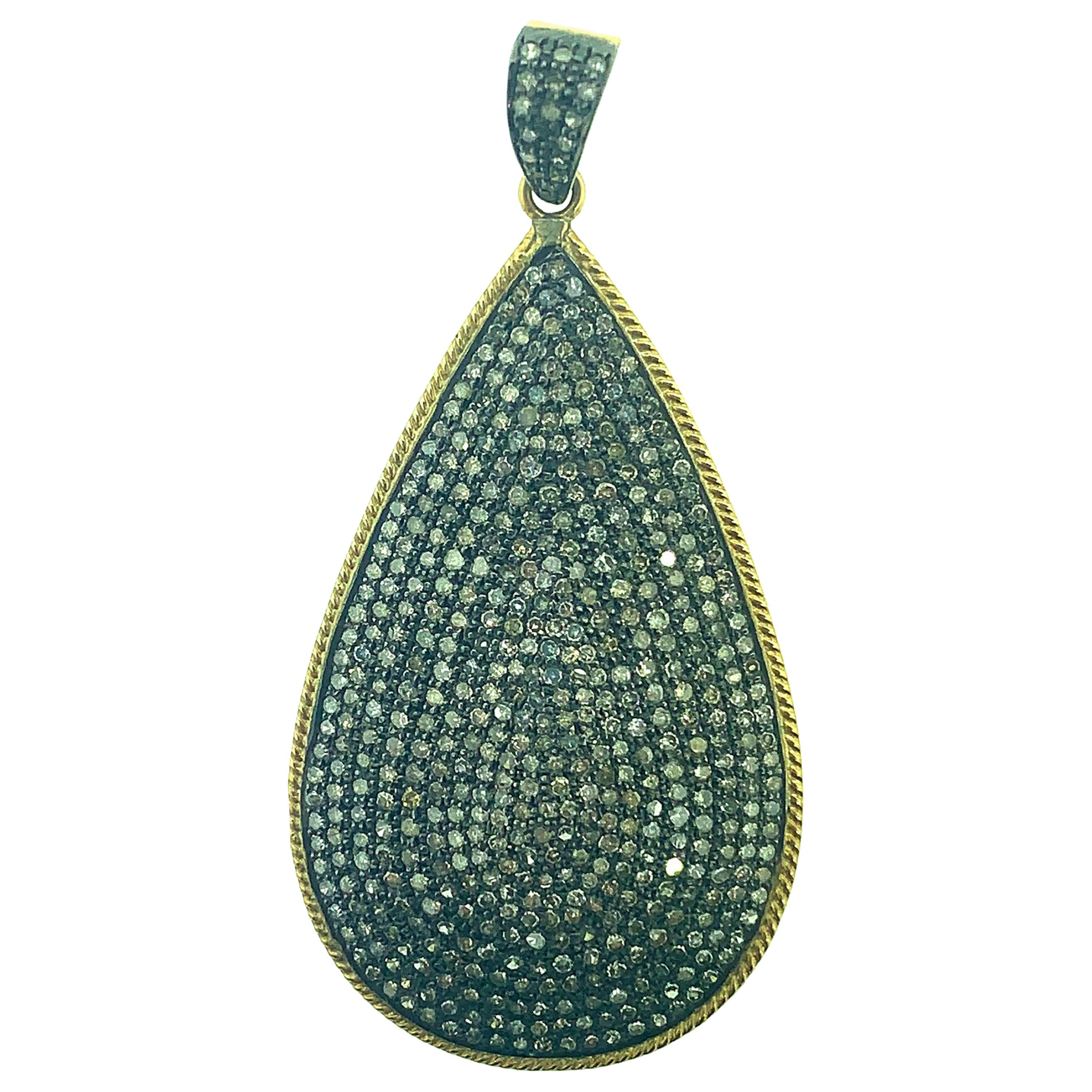 5.40 Carat Pave Diamond Teardrop Pendant in Oxidized Sterling Silver, 14Kt Gold For Sale