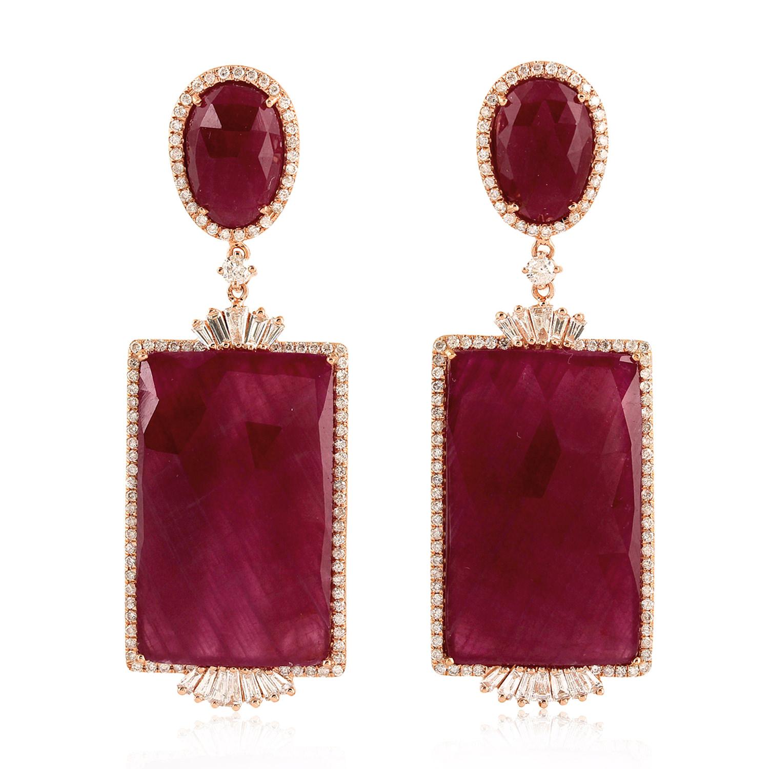 Rose Cut 54.0 Carat Ruby Diamond 18 Karat Gold Earrings For Sale