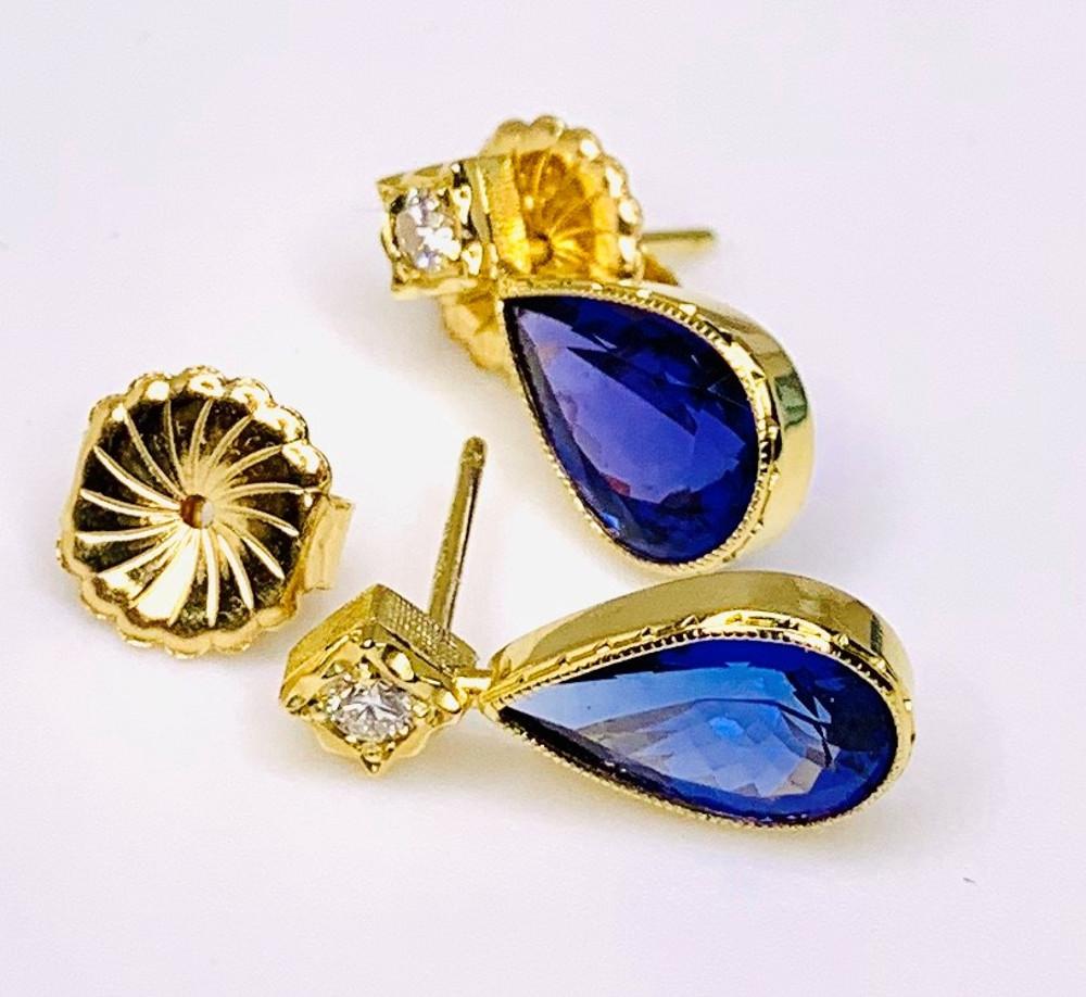 Women's 5.40 ct. t.w. Tanzanite Pear, Diamond, 18k Yellow Gold Bezel Drop Post Earrings