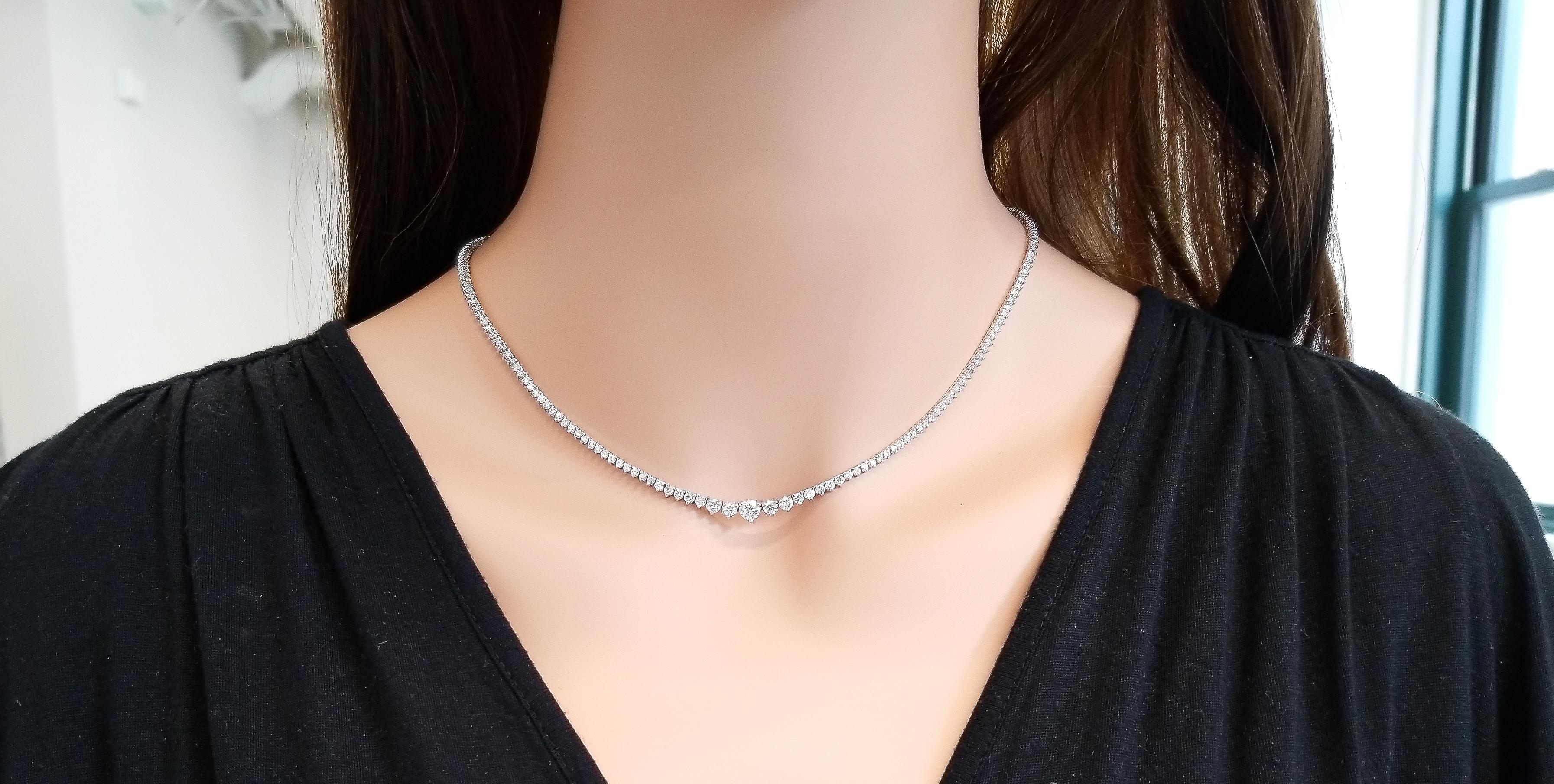 5.40 Carat Total 3 Prong Diamond Riviera Necklace in 14 Karat White Gold In New Condition In Chicago, IL