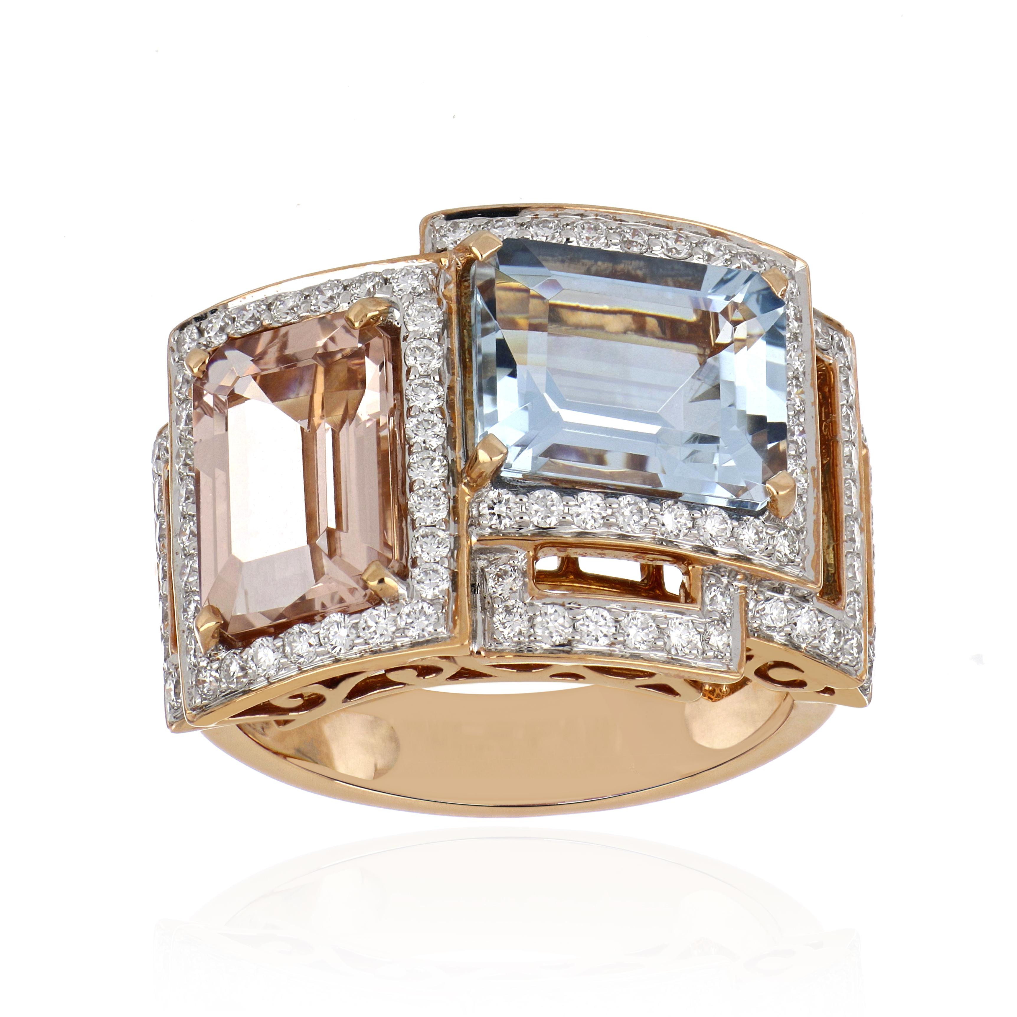 5.40 Carat Total Morganite and Aquamarine Ring with Diamonds 18 Karat Rose Gold For Sale 3
