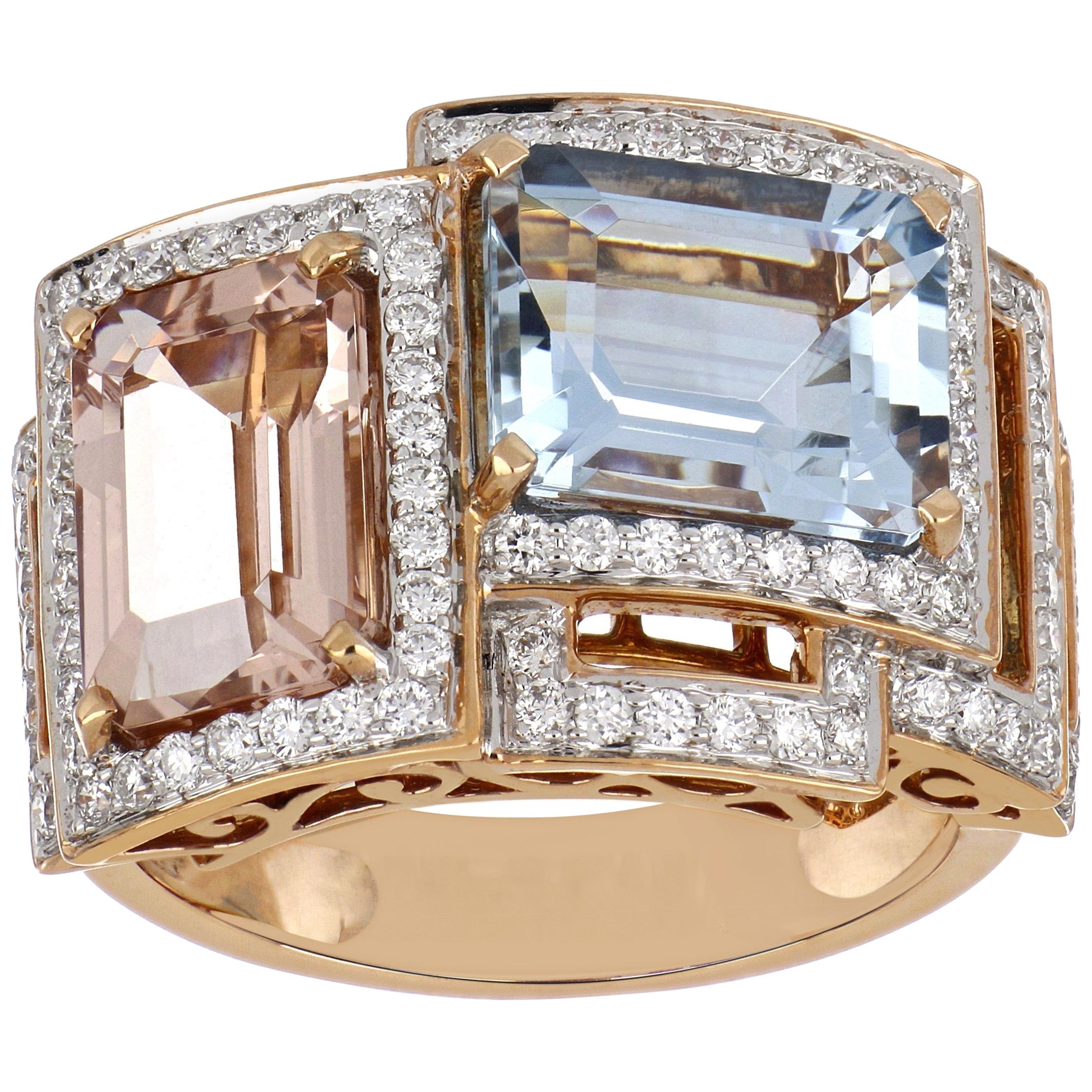 5.40 Carat Total Morganite and Aquamarine Ring with Diamonds 18 Karat Rose Gold For Sale