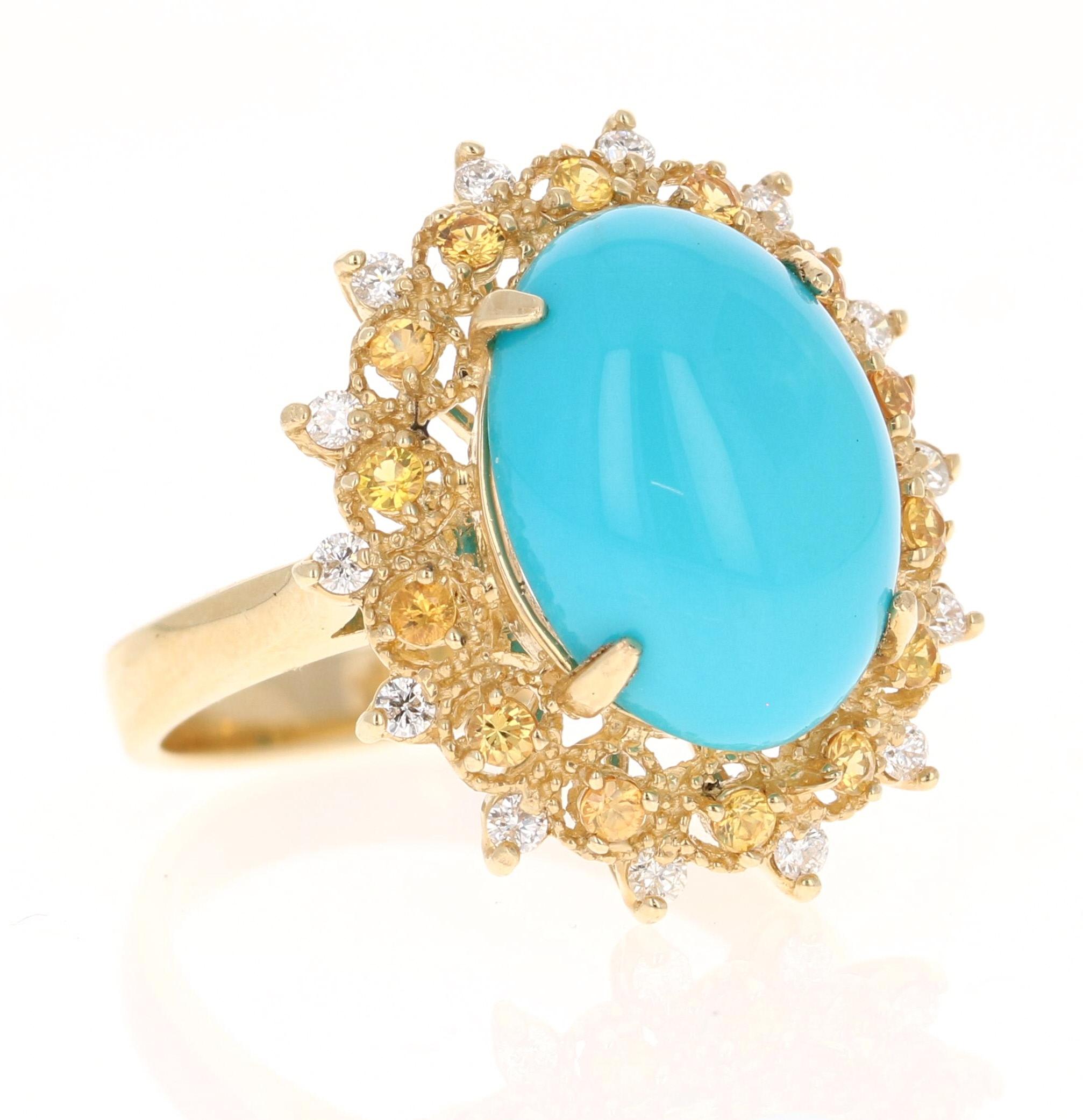 Art déco Bague cocktail en or jaune avec diamants et turquoise de 5,40 carats en vente