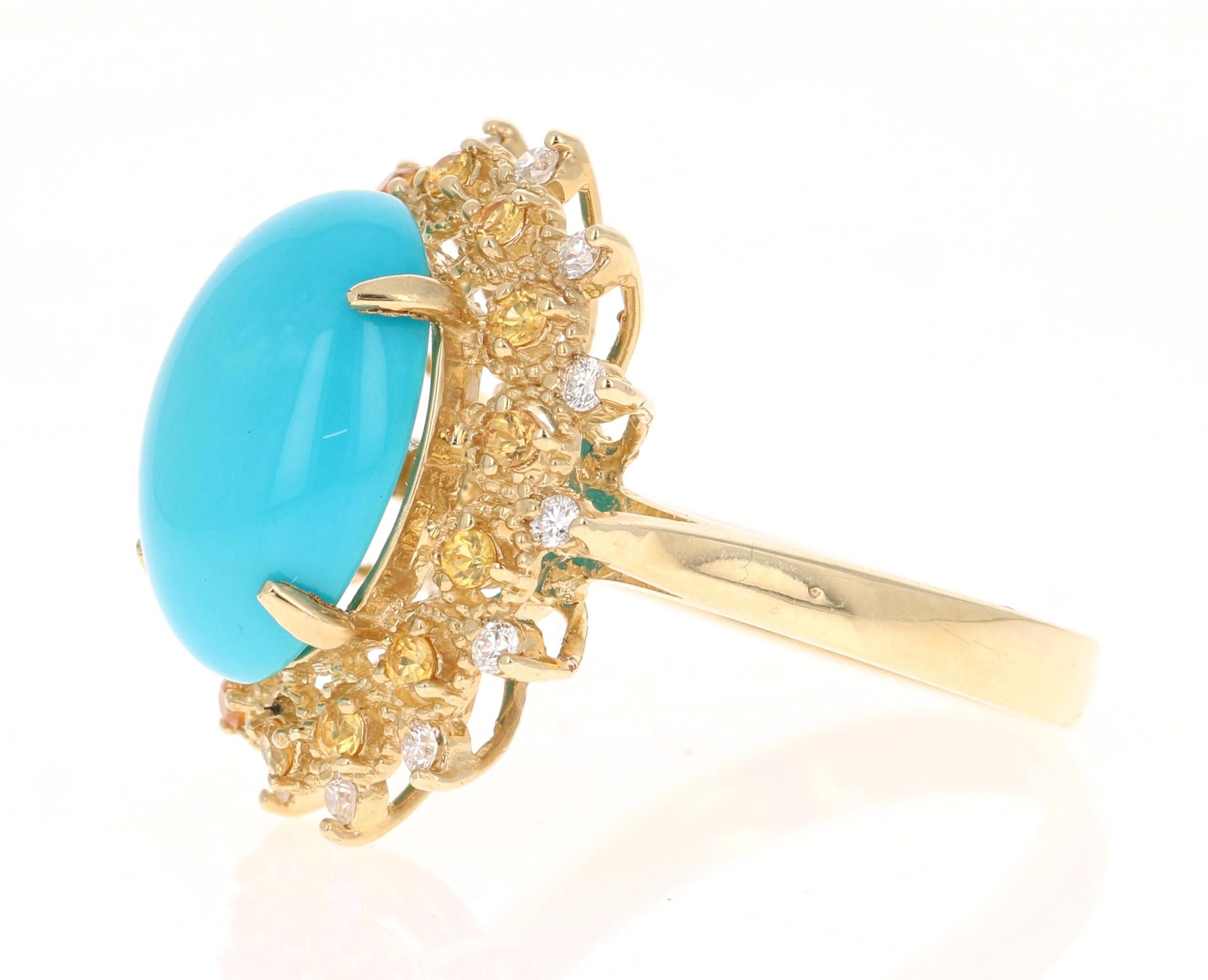 Taille ovale Bague cocktail en or jaune avec diamants et turquoise de 5,40 carats en vente
