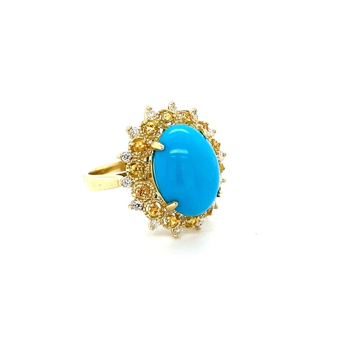 A unique stunner.....5.40 Carat Turquoise Diamond Yellow Gold Cocktail Ring

This ring has a 4.86 Carat Oval Cut Turquoise and is surrounded by 14 Round Cut Natural Diamonds that weigh 0.20 Carats (Clarity: SI1, Color: F) and 14 Natural Yellow