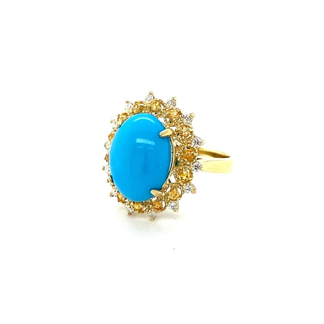 Oval Cut 5.40 Carat Turquoise Diamond Yellow Gold Cocktail Ring For Sale