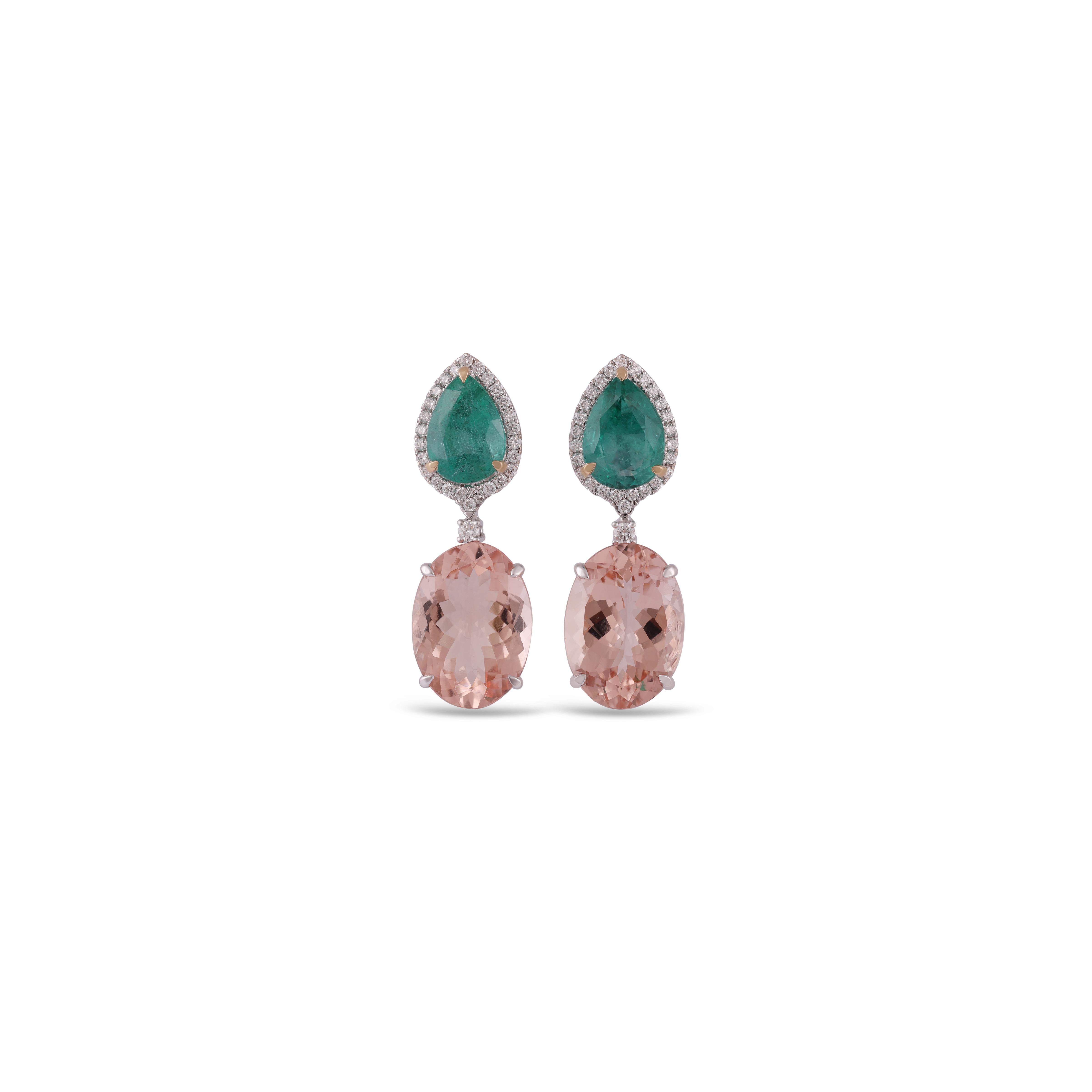 Classical Roman 5.40 Carats Emerald, Morganite & Diamond Classic Earring in 18K gold For Sale