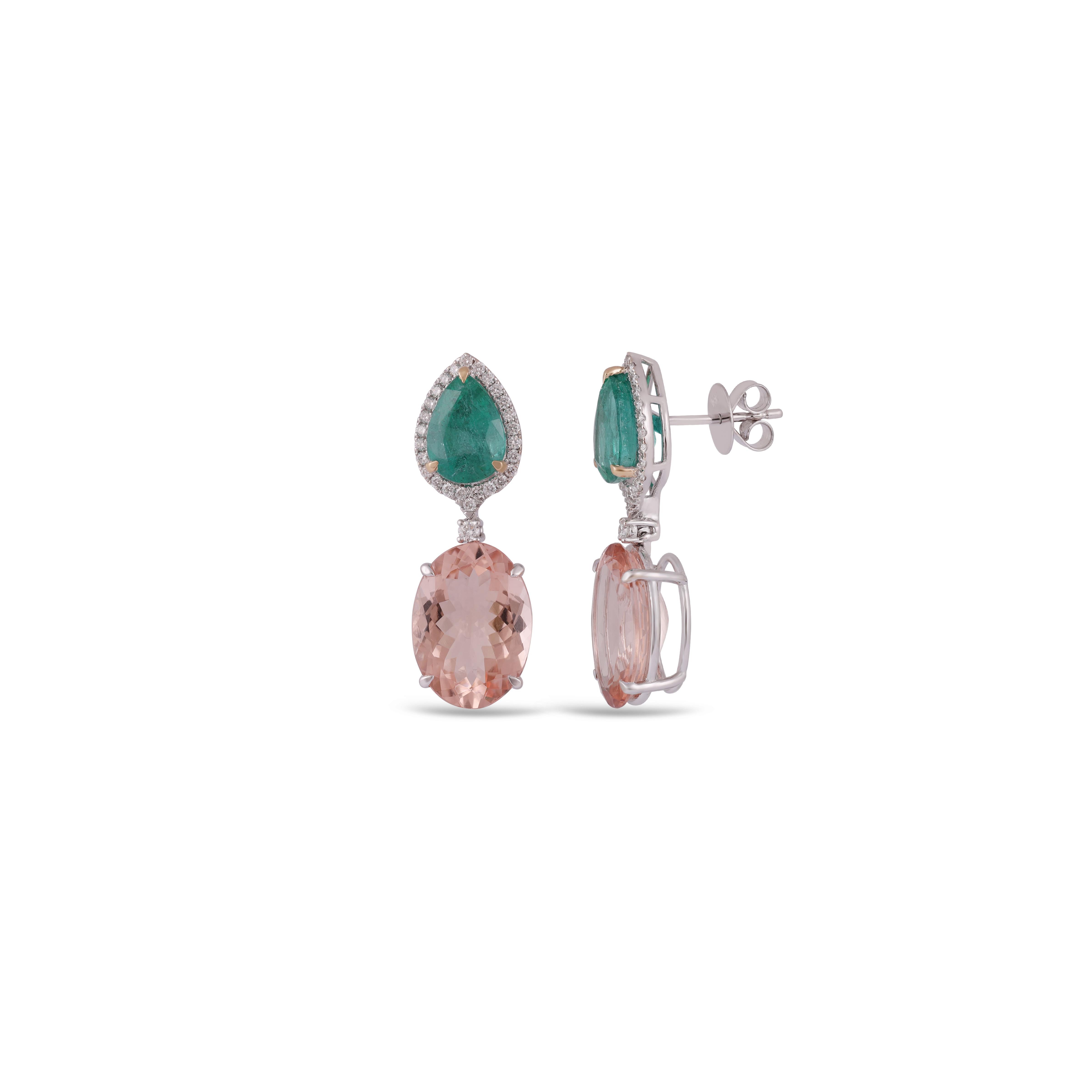 Mixed Cut 5.40 Carats Emerald, Morganite & Diamond Classic Earring in 18K gold For Sale