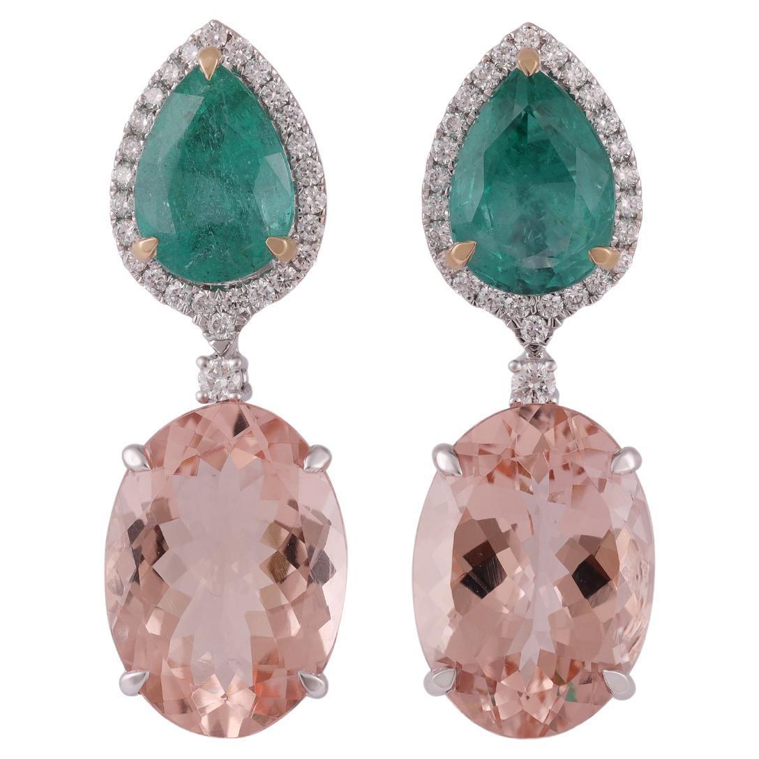 5.40 Carats Emerald, Morganite & Diamond Classic Earring in 18K gold For Sale