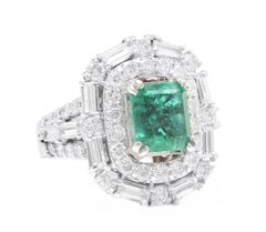 5.40 Carats Natural Emerald and Diamond 14K Solid White Gold Ring