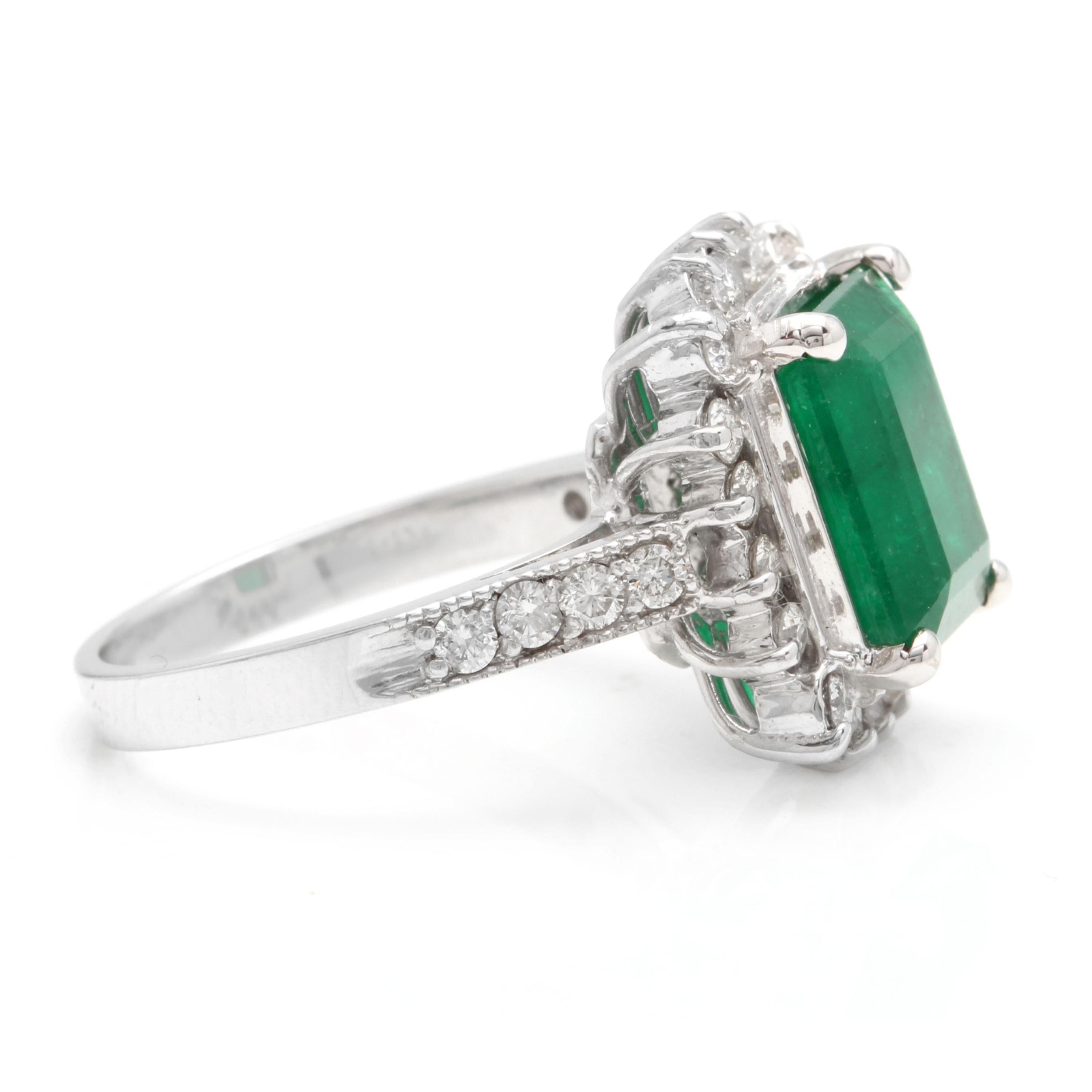 Emerald Cut 5.40 Carat Natural Emerald and Diamond 14 Karat Solid White Gold Ring For Sale