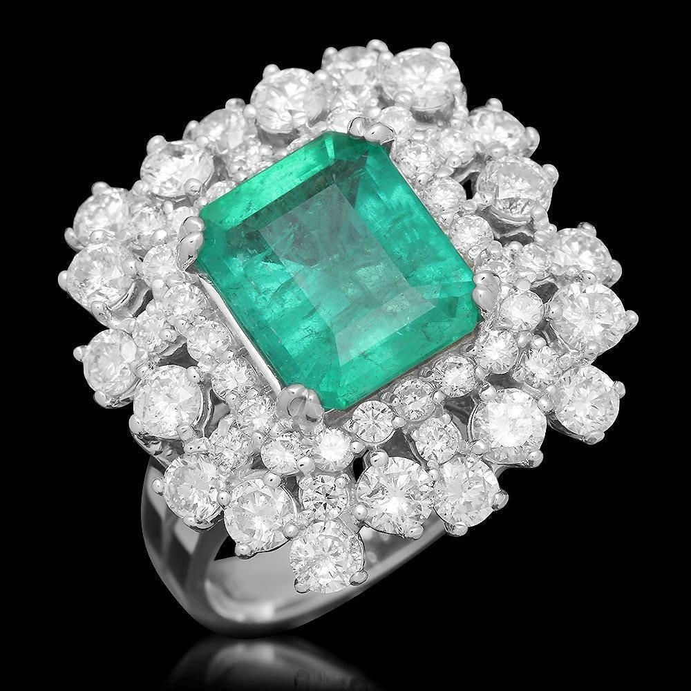 Mixed Cut 5.40 Carats Natural Emerald and Diamond 14K Solid White Gold Ring For Sale