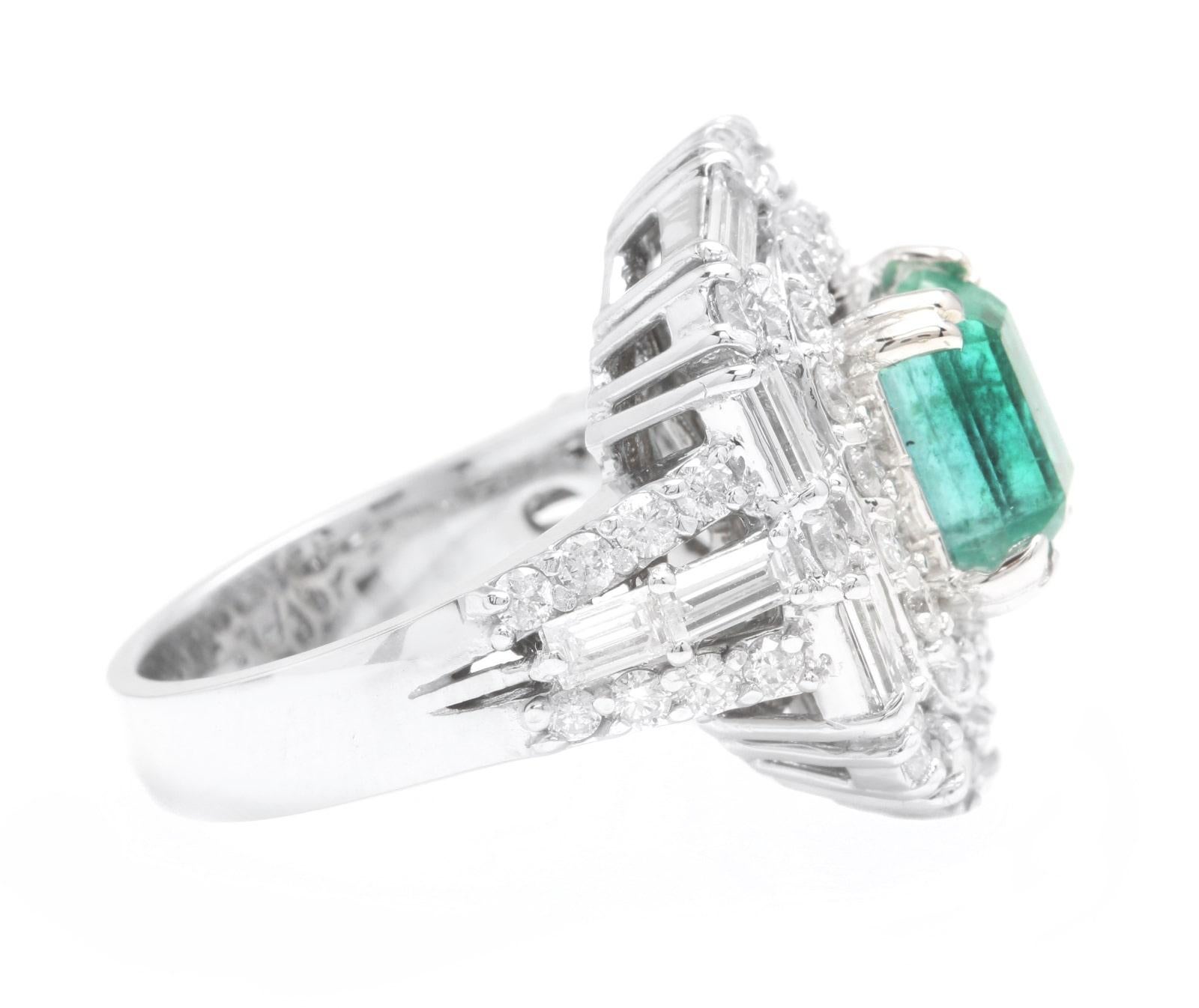 Mixed Cut 5.40 Carats Natural Emerald and Diamond 14K Solid White Gold Ring For Sale