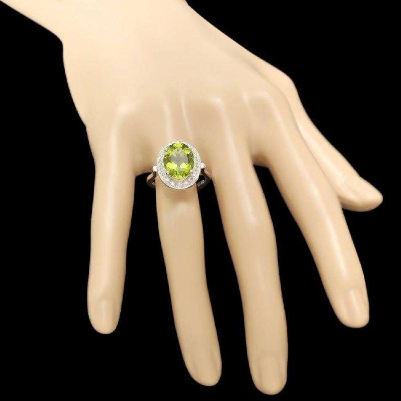 Mixed Cut 5.40 Carats Natural Peridot and Diamond 14k Solid White Gold Ring For Sale